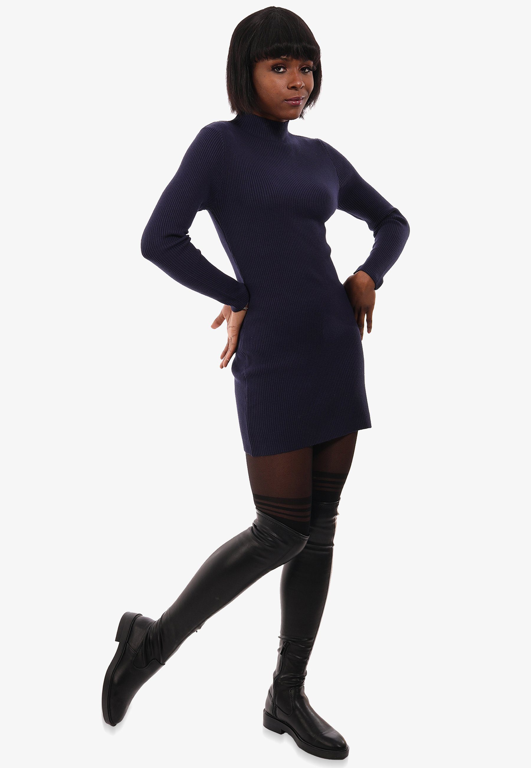 Fashion & Stehkragen (1-tlg) aus marine Unifarbe, Longpullover Pullover mit Rippstrick YC Basic Style in