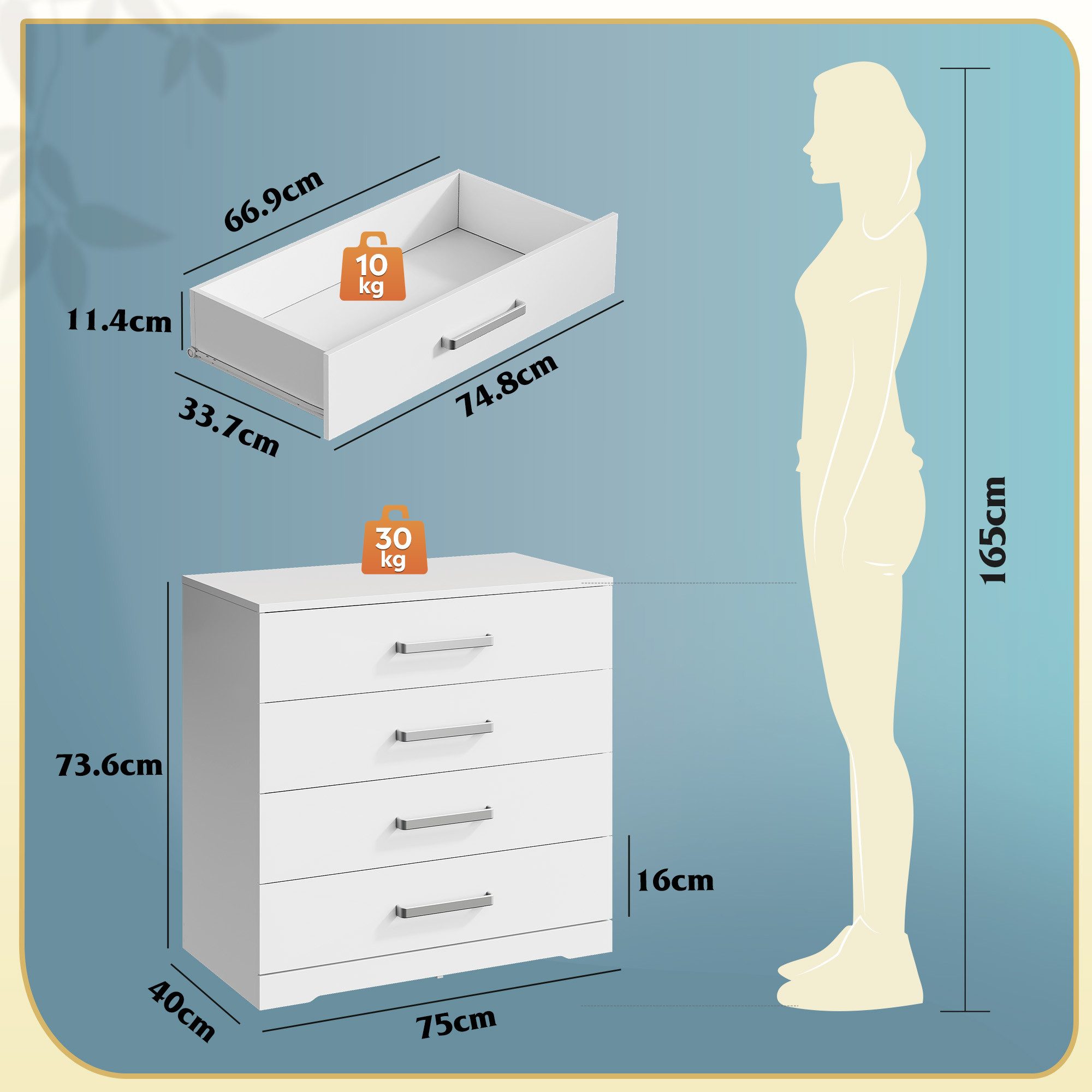 WLIVE Kommode mit 4/5 Schubladen, Moderne Schubladenkommode (Packung, Modernes Sideboard mit 3 Schubladen und 4 Fächern, Breite 75 cm), Vielseitiger Schubladenschrank für Schlafzimmer, Flur & Kinderzimmer