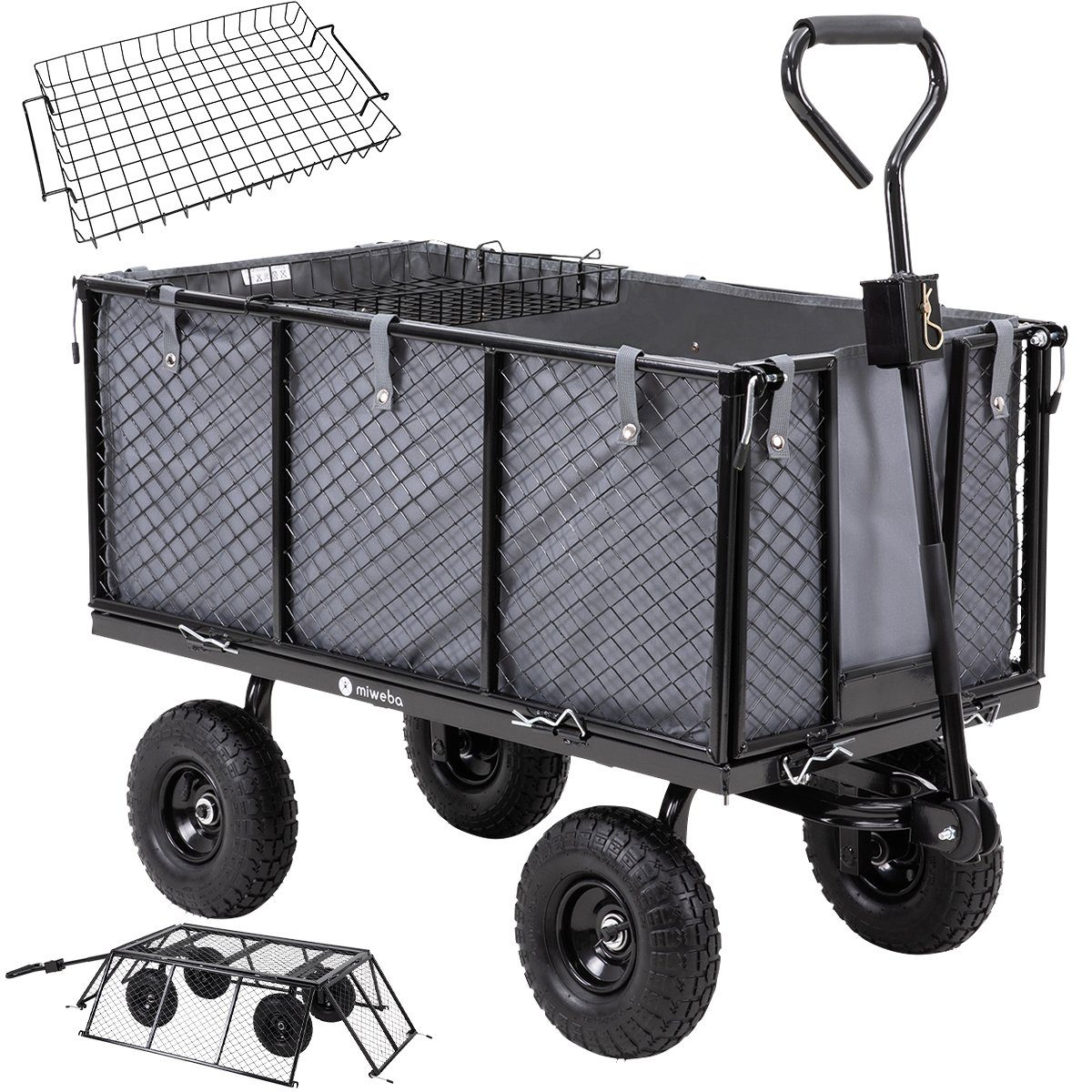 miweba Тележки Gartenwagen Transportkarre MB-550 (deichselgeführte Lenkachse, Кулонfunktion, Bordwände klapp- und abnehmbar, Luftreifen, 1-tlg., 550 KG Traglast - 190 L Volumen - Klappbare Wände - Kippbar), Transportwagen - Gartenkarre- Gartenwagen - Schubkarre