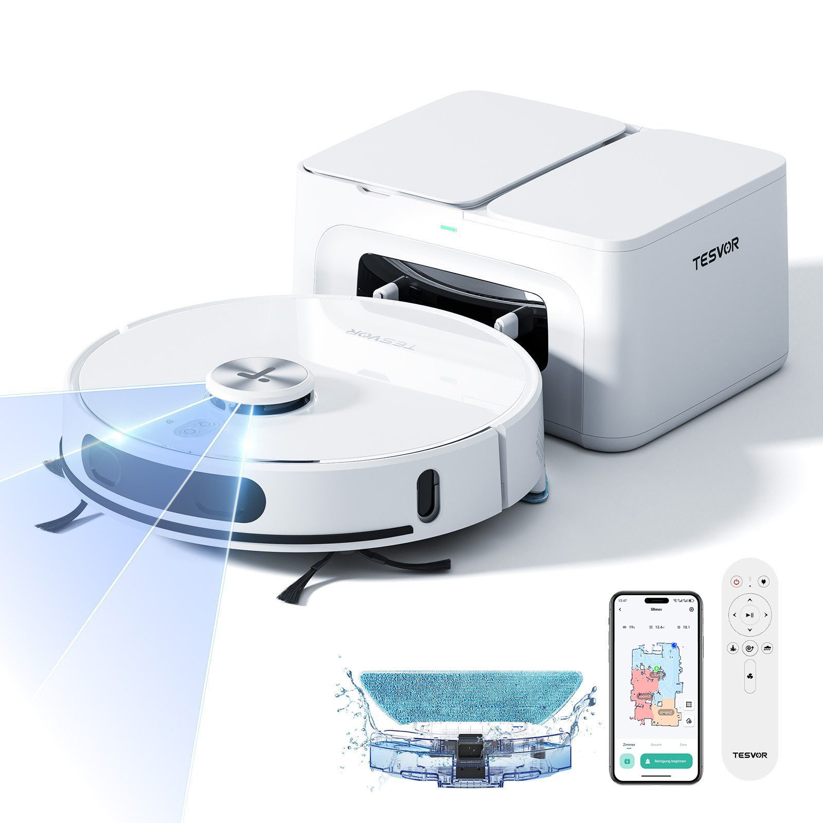 Saugroboter und Wischroboter mit Absaugstation – 8000PA, Laser-Navigation