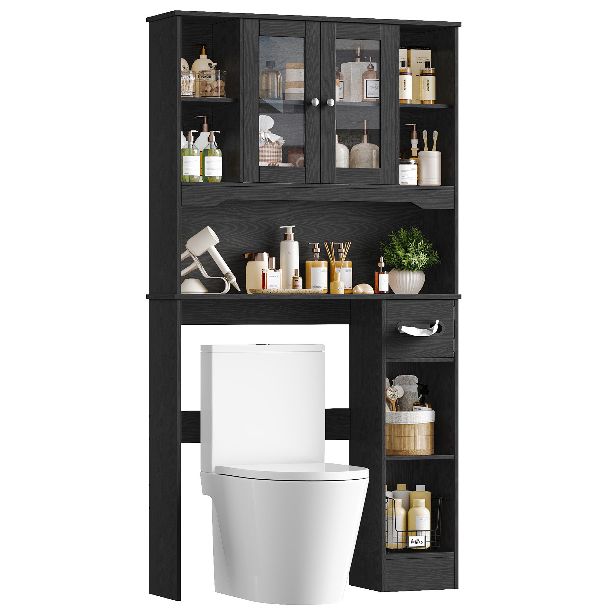 Homfa Badregal Toilettenregal waschmaschinenschrank, mit Glastüren, offenen Fächern und Toilettenpapierhalter, Schwarz