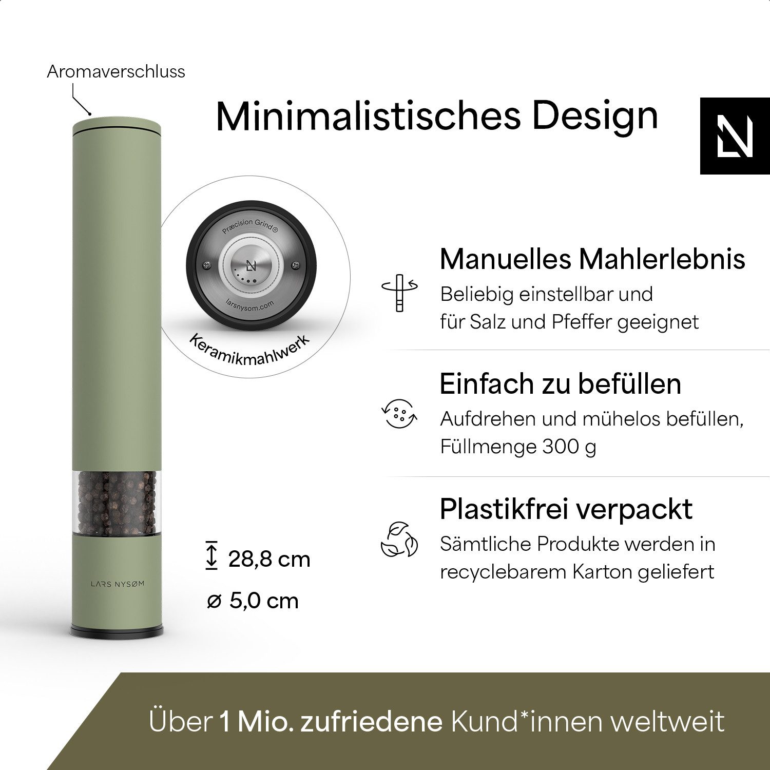 LARS NYSØM Gewürzmühle Lagom manuelle Bedienung, (1 Stück), Edelstahl XXL Gewürzmühle mit Keramikmahlwerk (Stufenlos) – Bild 4 von 5