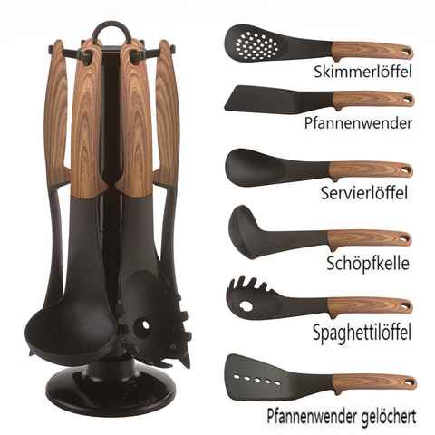 KESSMANN Küchenorganizer-Set 7 teilig Kochbesteck Löffel Wender Kelle Heber Küchenhelfer schwarz, (Set, 7-tlg., Küchen Besteckset Utensilien Organizer Antihaft Servierlöffel Kochen), 2 Pfannenwender Spaghettilöffel Schöpflöffel Skimerlöffel Ständer