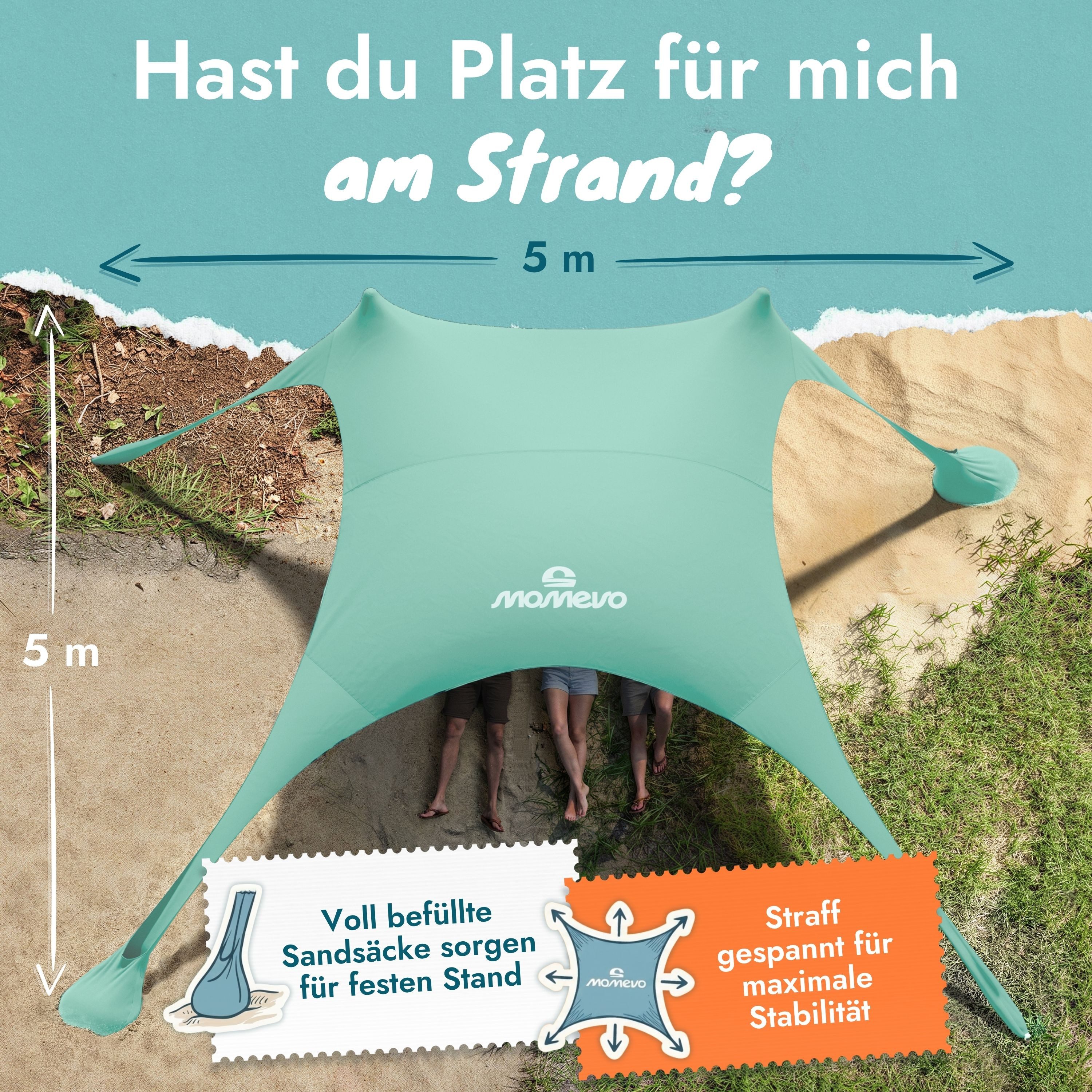 Momevo Strandmuschel Strandzelt mit UV Schutz 50+, zertifiziert für Kinder, Baby, Familien, Personen: 4