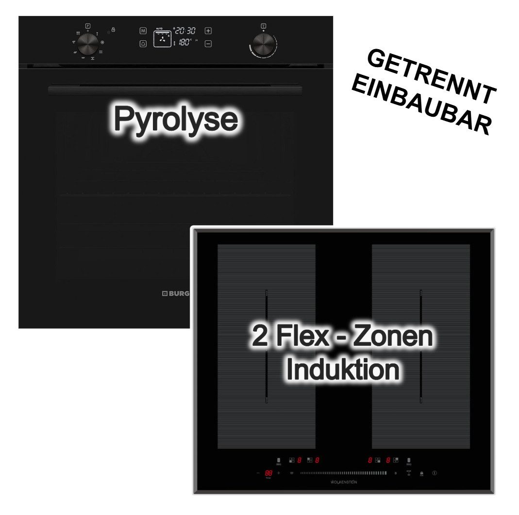 VESTEL Backofen-Set Pyrolyse 78L + Wolkenstein Induktionskochfeld 2 Flexzonen 60cm autark, Pyrolyse-Selbstreinigung