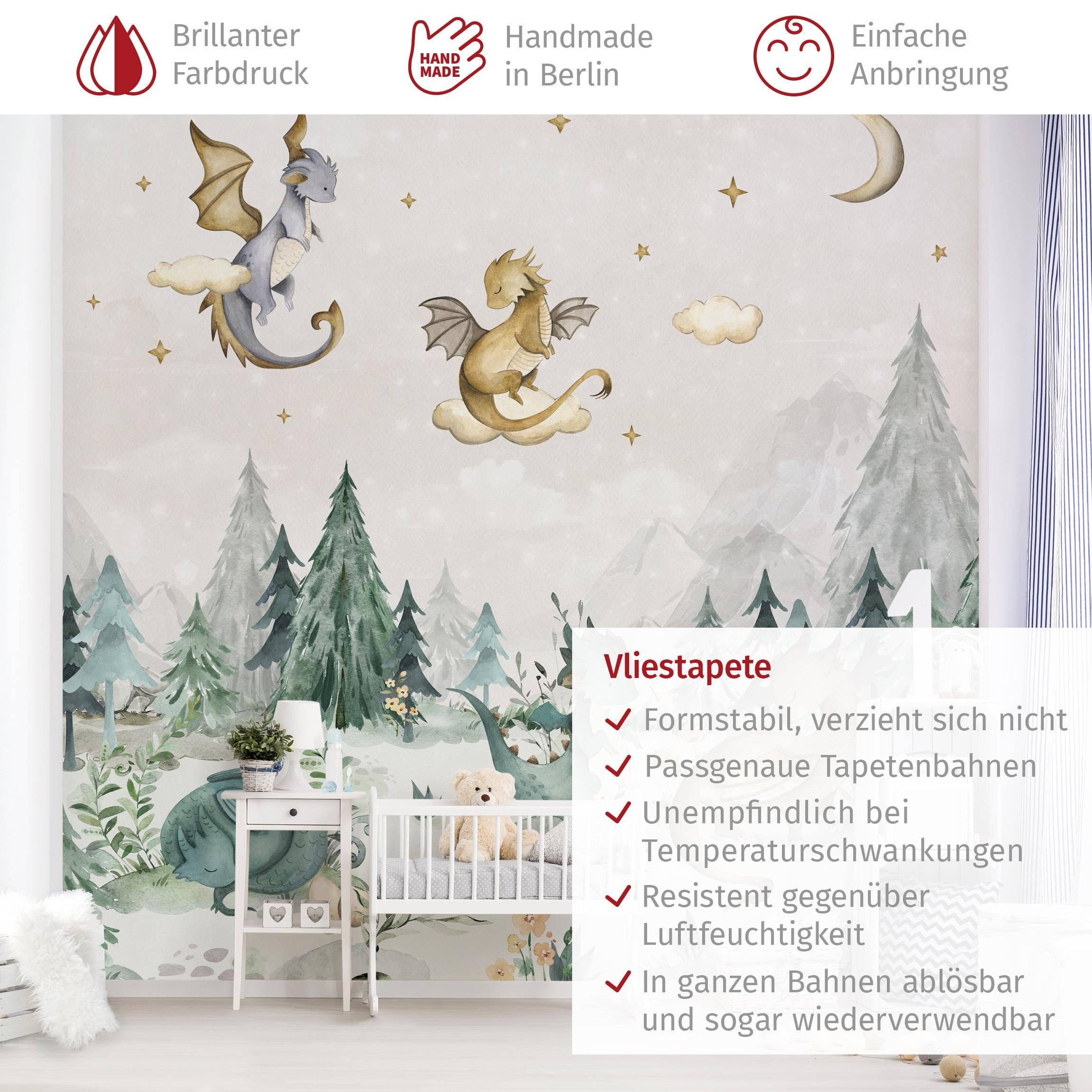 Bilderdepot24 Kindertapete Drachen Aquarell Wald Illustration Kinder Natur Landschaft grün modern, Glatt, Matt, (Vliestapete inkl. Kleister oder selbstklebend), – Bild 3 von 5