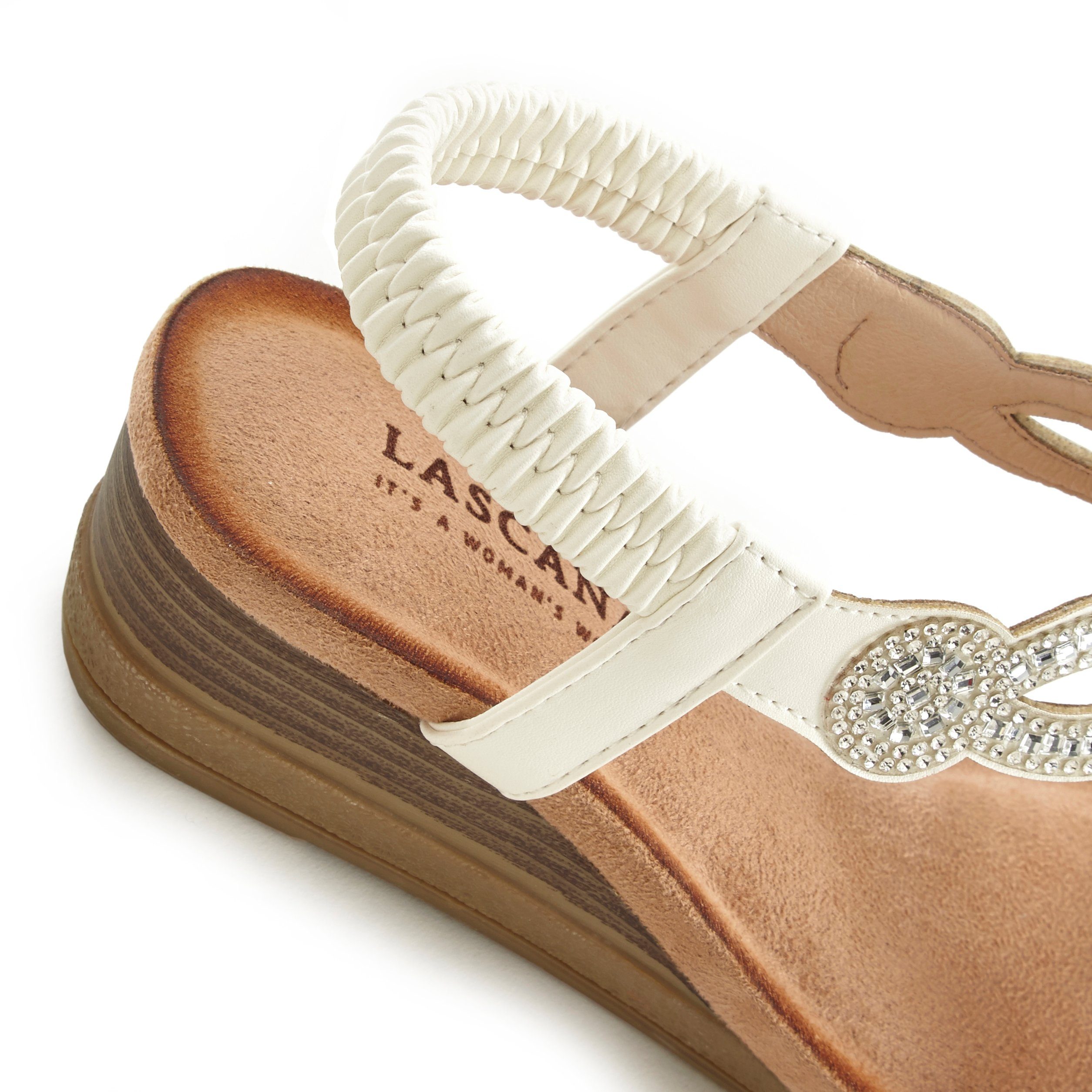 und LASCANA elastischen Riemen Sandale Sandalette, Schmucksteinen mit weiß Sommerschuh