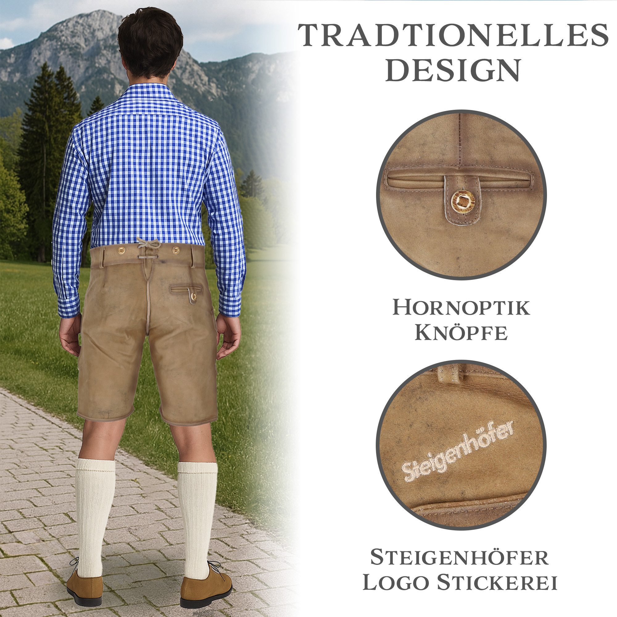 Steigenhöfer Manufaktur Trachtenlederhose mit Gürtel - 100% Rindsleder - Lederhose Herren Kurz - Franz Handgemacht aus echtem Leder - Für Dein Oktoberfest Herre – Bild 3 von 5