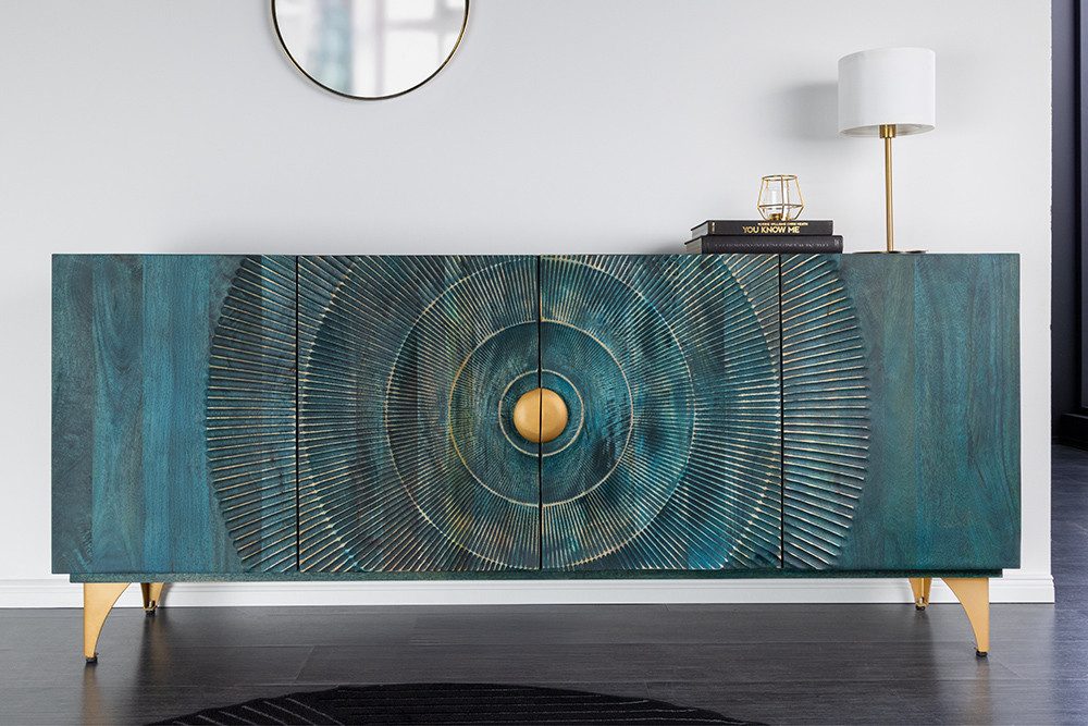 riess-ambiente Sideboard GOLDEN SUNSET 180cm türkis/gold - Mango-Massivholz, Metall, handmade (Einzelartikel, 1 St), Extravagante Kommode m. 3D-Schnitzereien -  – Bild 5 von 5
