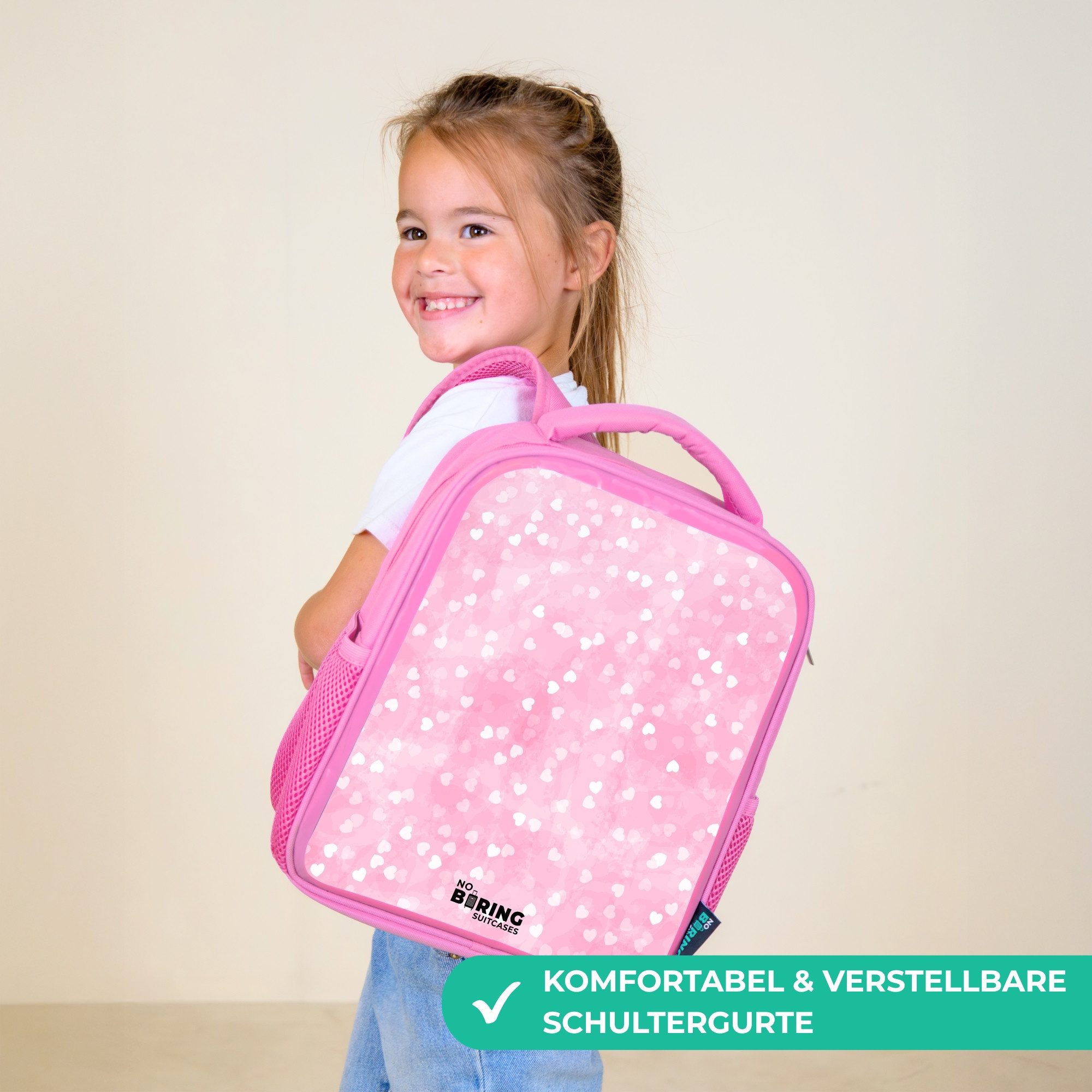 NoBoringSuitcases.com© Rucksack Rosa - Rosa Glitzerherzen, Kinderrucksack, Schulrucksack, Freizeitrucksack, Mädchen, Kindergarten