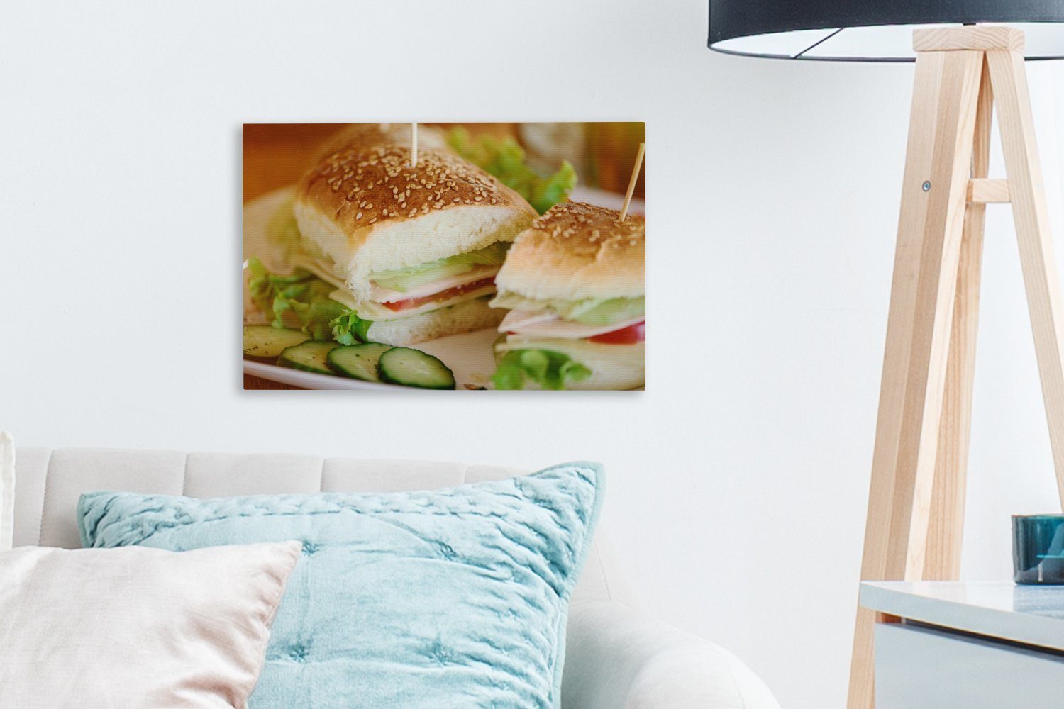 OneMillionCanvasses® Leinwandbild Mittagessen mit Wanddeko, (1 Aufhängefertig, Brötchen, Wandbild Leinwandbilder, cm 30x20 St), reichlich belegten