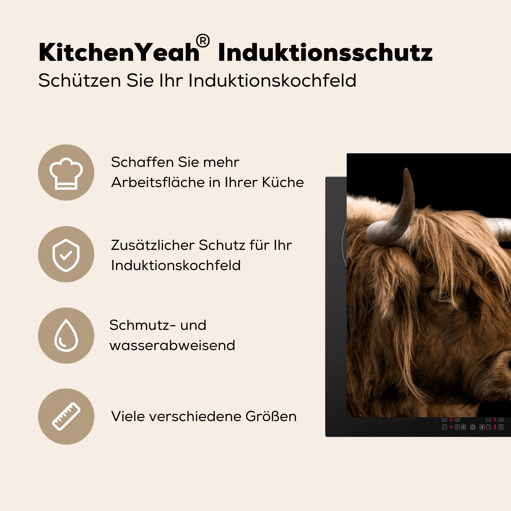 MuchoWow Herdblende-/Abdeckplatte 81x52 Highlander - Induktionskochfeld küche, cm, für (1 Schutz Vinyl, Ceranfeldabdeckung tlg), - Tiere die Kuh, Schottischer
