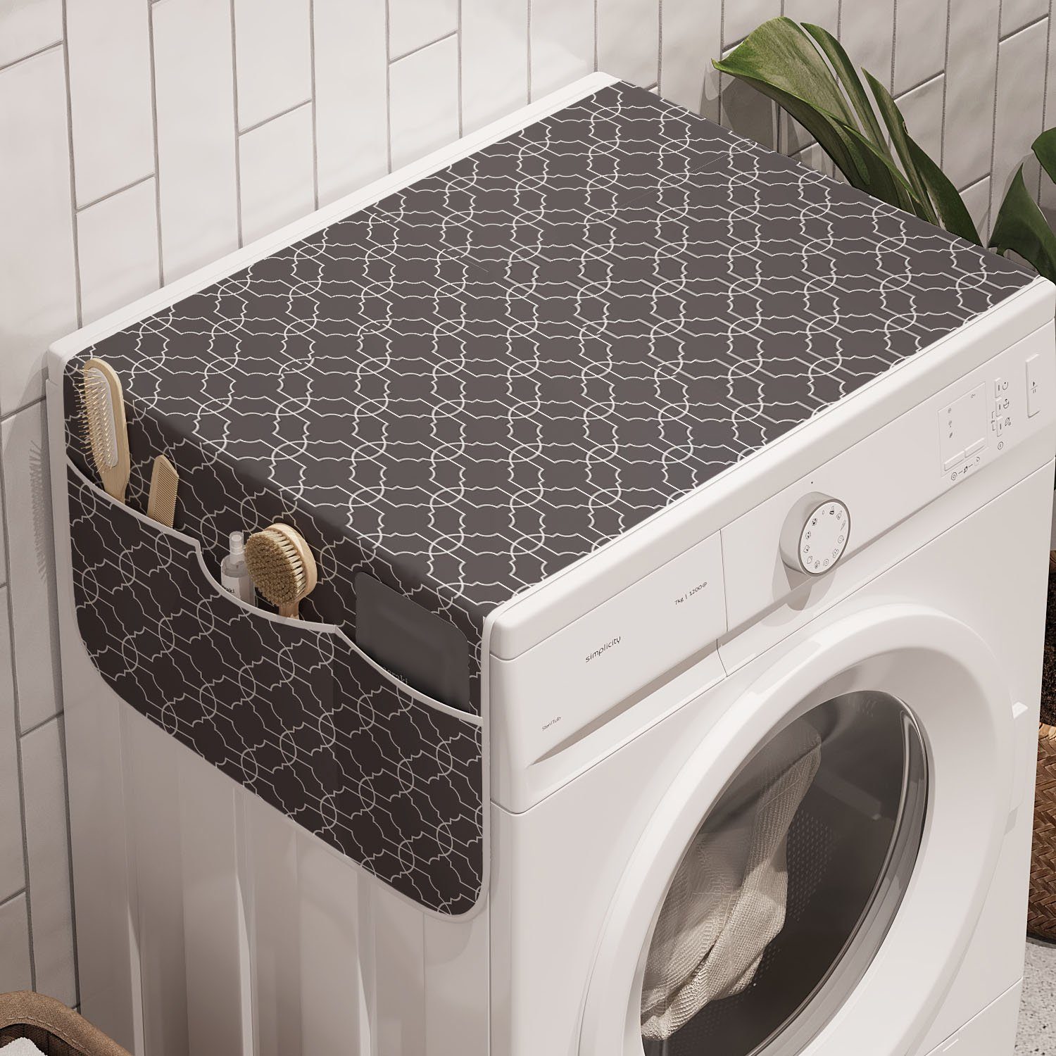 geometrisch monochrome Waschmaschine für Badorganizer Trockner, Abakuhaus und Anti-Rutsch-Stoffabdeckung Quatrefoil