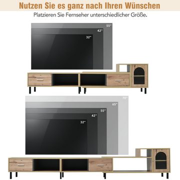 IDEASY TV-Schrank TV-Schrank aus Holz, Glastür, variabler Längenbereich 200 cm – 278 cm 2 Schubladen, raffinierte Griffe, 11 cm über dem Boden