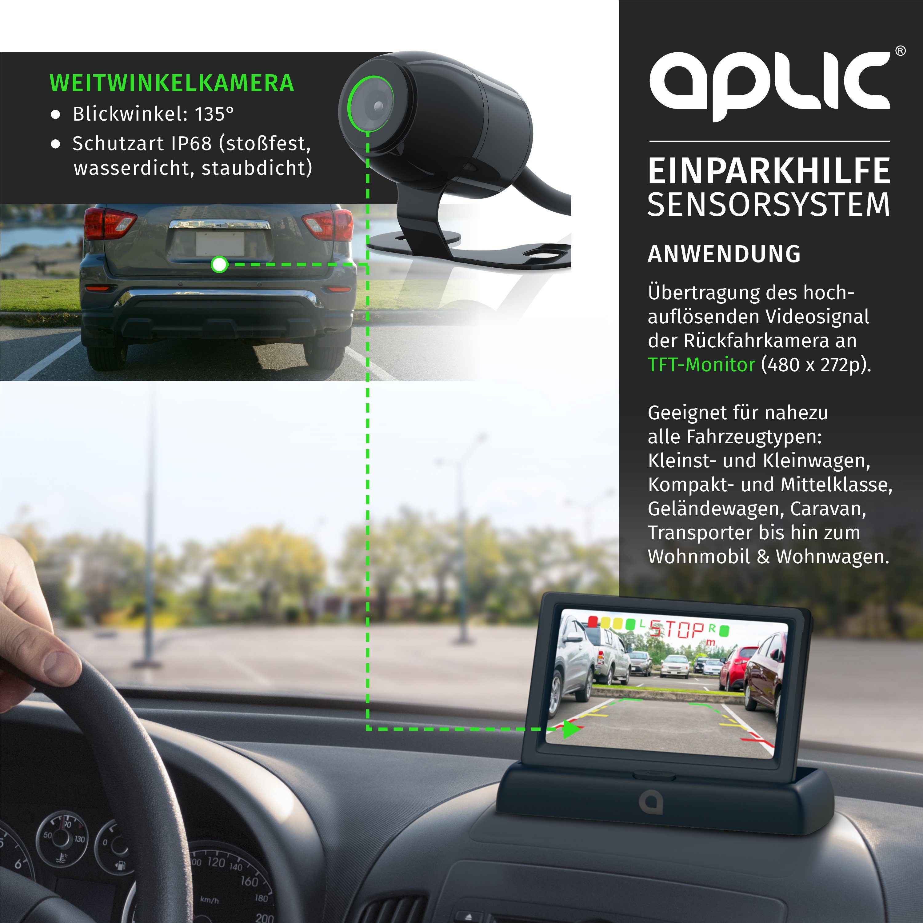 Aplic Rückfahrkamera (Einparkhilfe mit 4x Parksensoren, Kamera & 4,3" Monitor mit Nachtsicht)