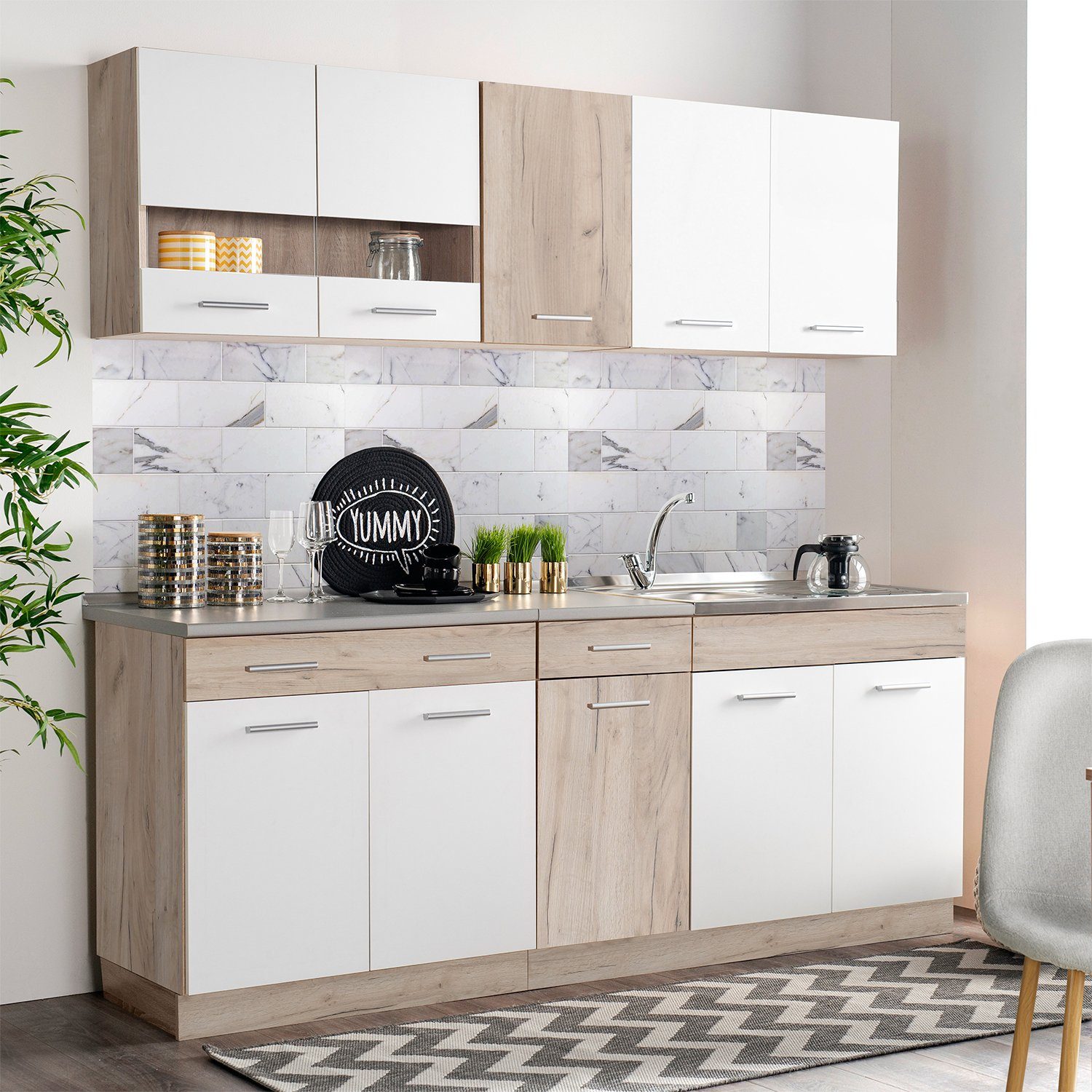 Homestyle4u Küchenzeile ohne Geräte 200 cm Singleküche Küchenschränke Weiß matt Eiche Braun, (Oberschränke, Unterschränke, 2 Arbeitsplatten, Einbauküche), Küchenblock, Einbauküche