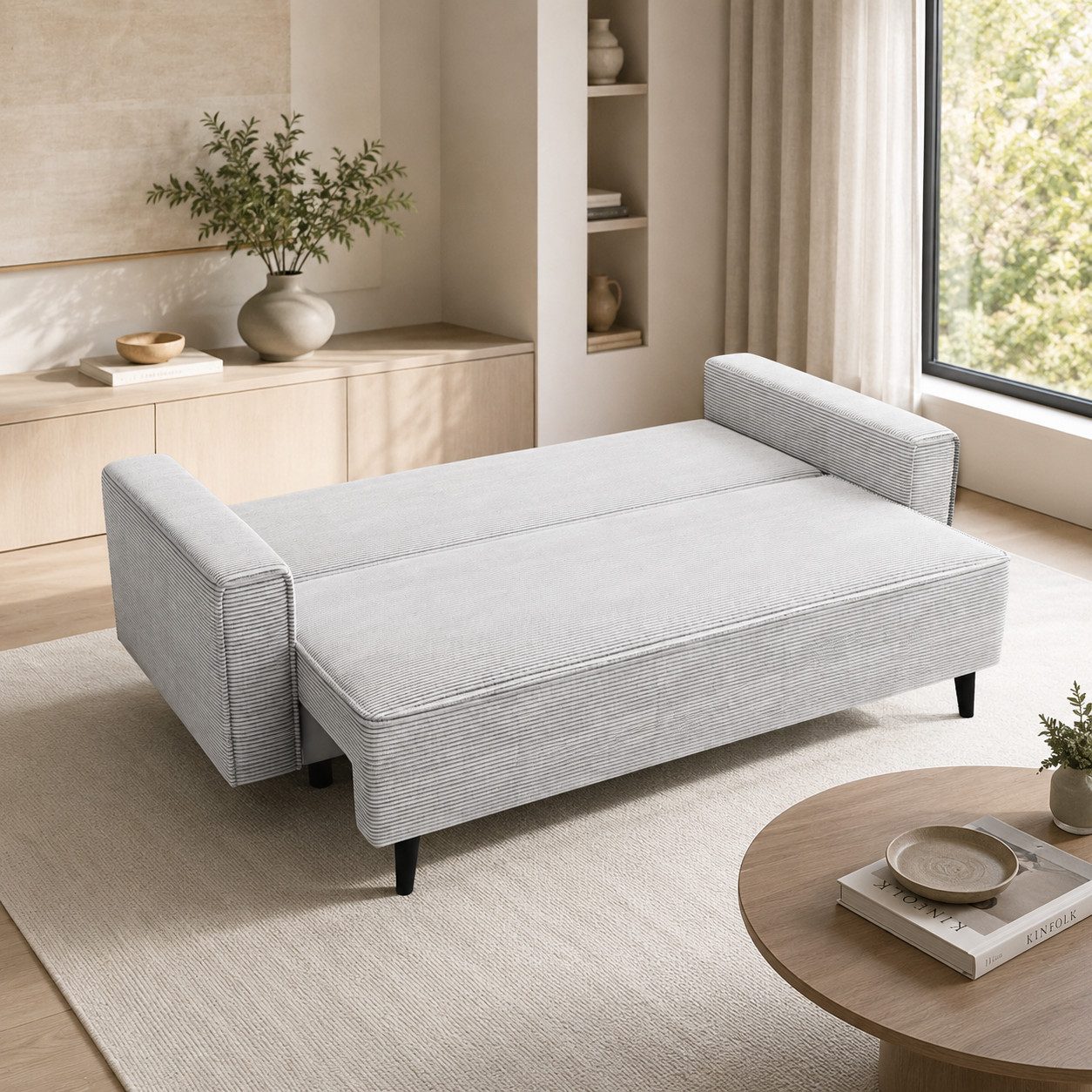 Goldstoff Schlafsofa Cordstoff - LUX 225 cm - Sofa mit schlaffunktion und Bettkasten