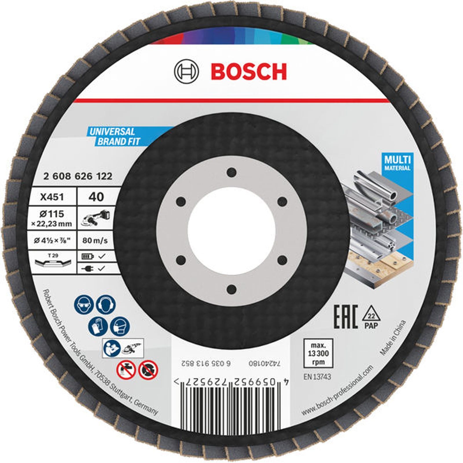 BOSCH Schleifscheibe Bosch X451 Fächerschleifscheibe, 115 x 22,23 mm, K40, Z29, 15-tlg