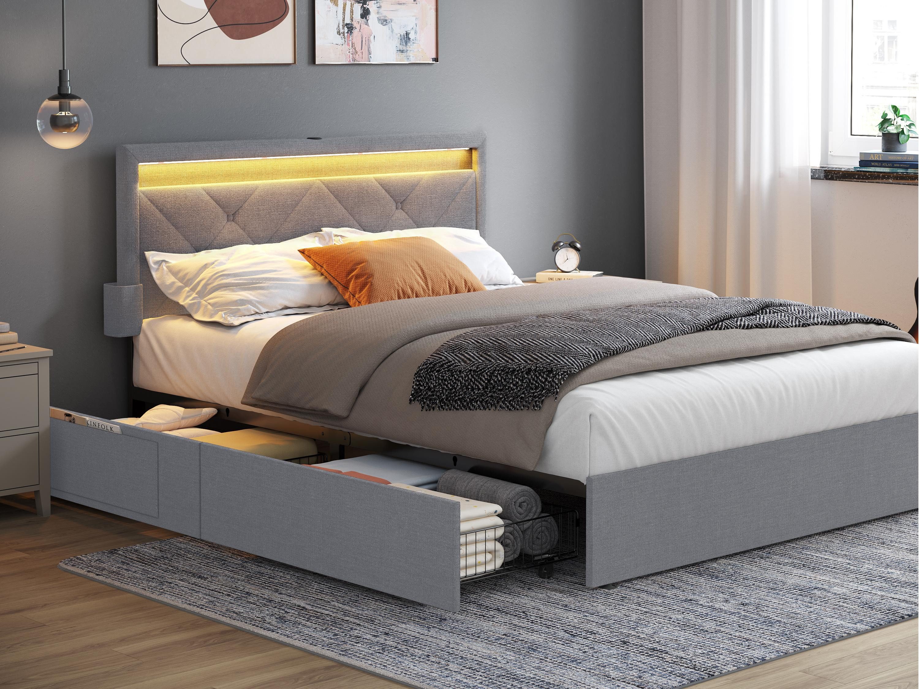 VASAGLE Polsterbett (140 x 200 cm, 4 Schubladen, verstellbares gepolstertes günstig online kaufen