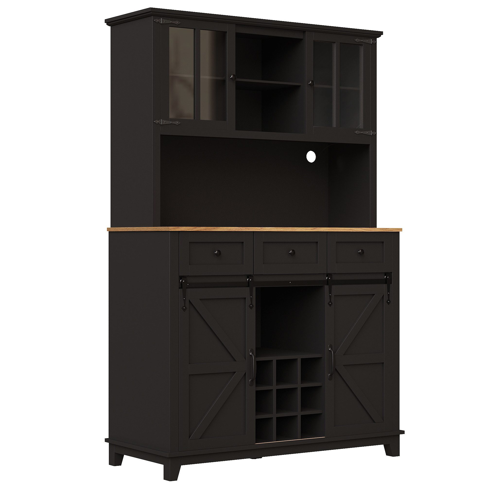 Flieks Küchenbuffet mit LED-Beleuchtung und Weinregal (Vitrinenschrank mit Schubladen und Glastüren, 1-St., B105/T40/H180 cm) Hochschrank Küchenschrank Geschirr – Bild 3 von 5