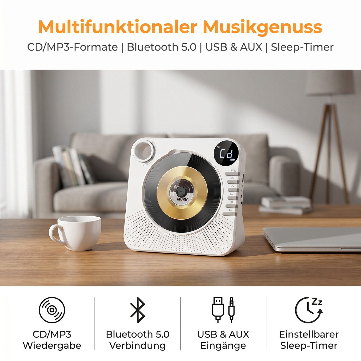 AKKEE Tragbarer CD-Player mit Bluetooth, USB/AUX-Anschluss und LCD-Display CD-Player (Tragbarer cd Player für Zuhause)