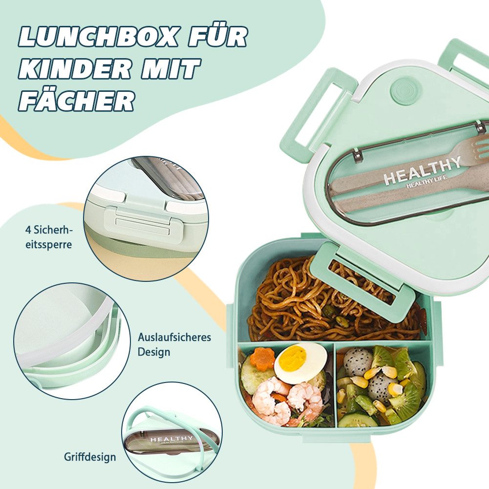 FANNOU Lunchbox Lunch-Behälter (3 Fächer), Auslaufsicher & BPA-frei-mit Besteck, für Kinder und Erwachsene Brotdose mit Fächern