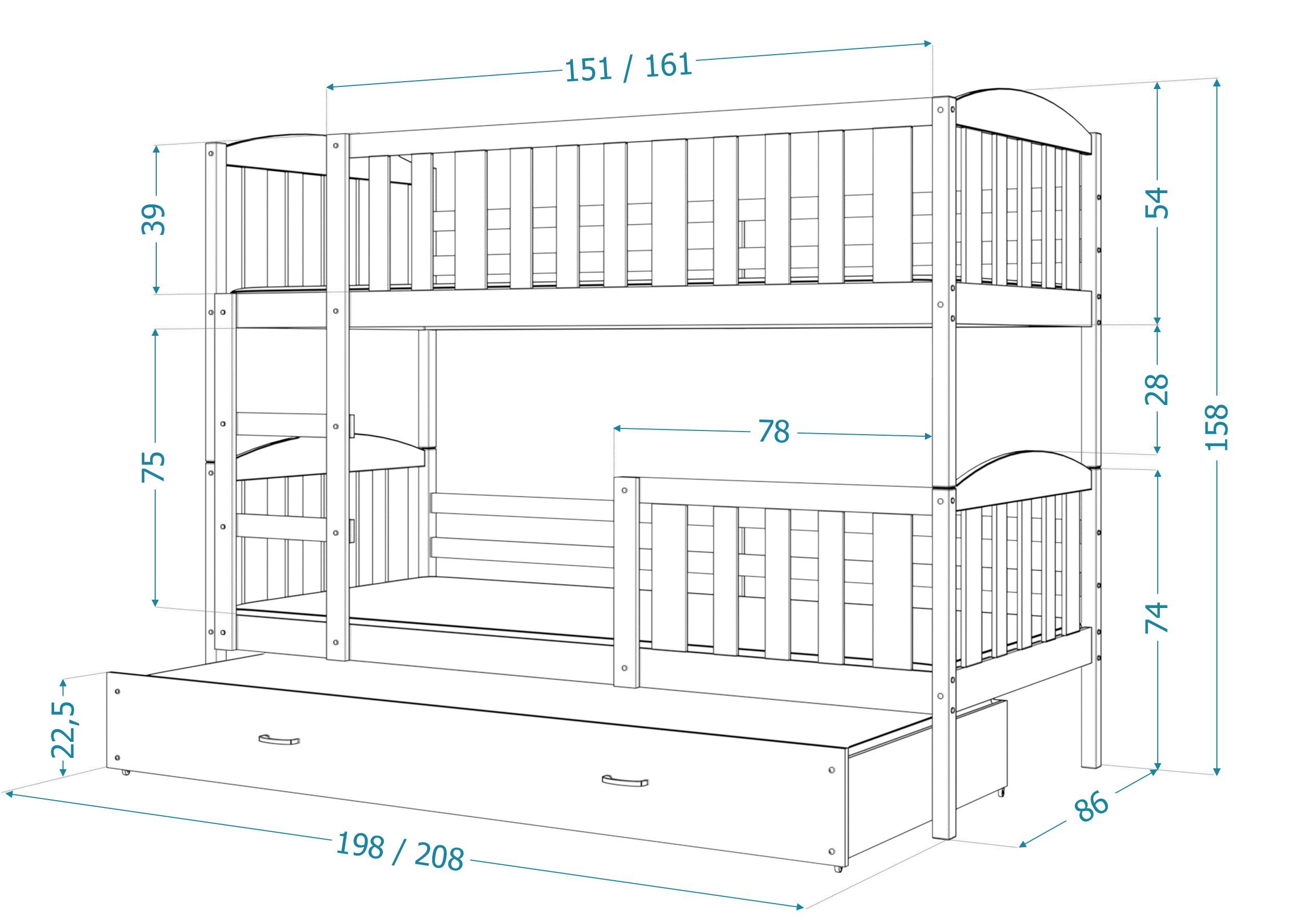 Siblo Kinderbett Rupert (Flexibler Weiß Bett Massivholz, Sicherheitsbarriere, Möbelplatte Schaummatratzen), Schublade, Lattenrost