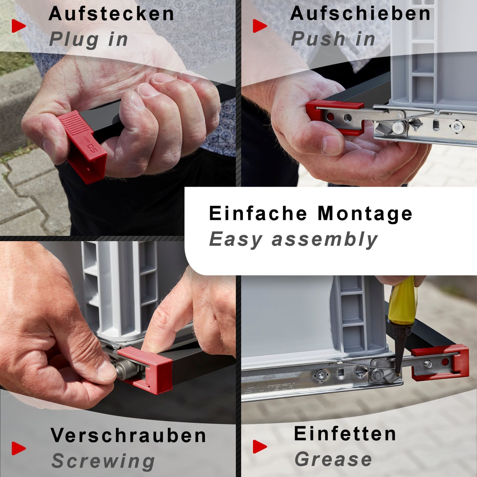 SO-TECH® Griff VarioSlide Pat. Einhandverriegelung für Schubladen mit Front, Breite 60 cm Schwarz mit rotem Adapter für VarioSlide Auszug