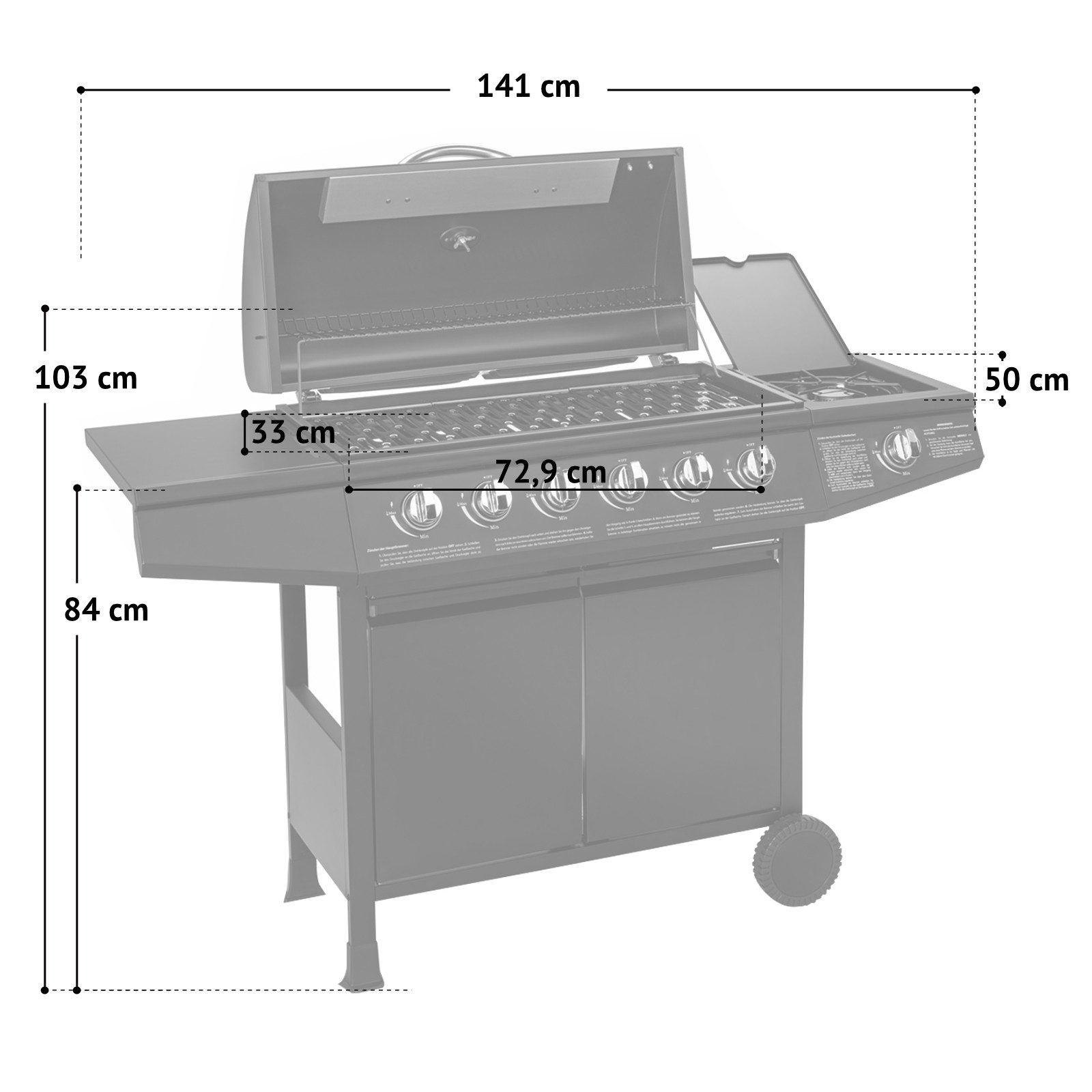 TAINO Gasgrill BASIC 6+1, Gasgrill mit Abdeckhaube, Gasregler und Gasschlauch, 6 Hauptbrenner aus Edelstahl, Seitenbrenner, Piezozündung