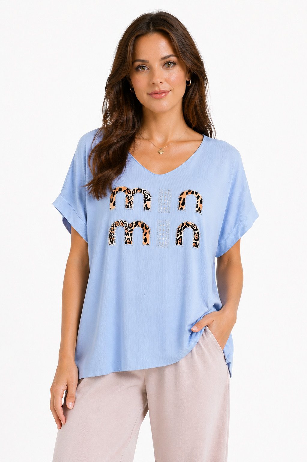 ITALY VIBES Kurzarmshirt - T-Shirt - Rippstrick Shirt kurzarm Damen - trendiger Leo-Print ONE SIZE / passend für Größe S - XL