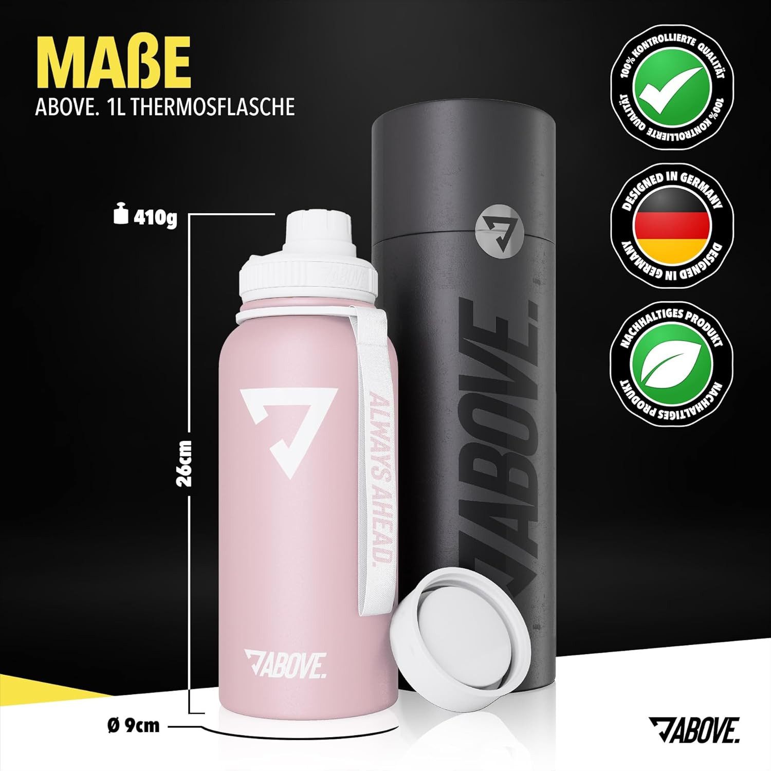 ABOVE. Trinkflasche Edelstahl 1L, Gratis Trinkverschluss, BPA-frei, 12H heiß, 24H kalt, Isolierflasche 1 Liter auslaufsicher & robust Fitness, Sport & Outdoor