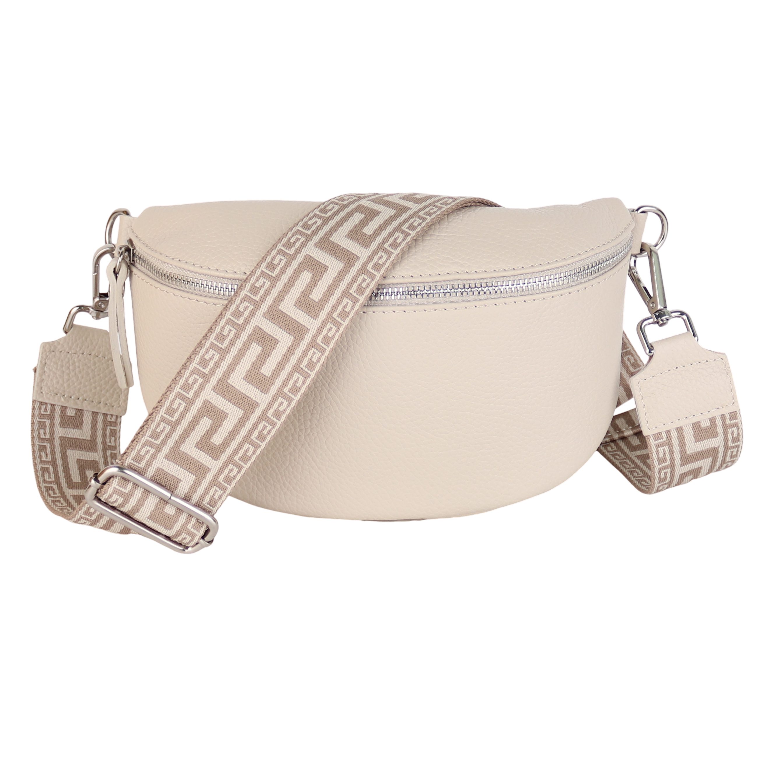 MIRROSI Bauchtasche Damen, Echtleder, Leder, Made in Italy, Umhängetasche, Brusttasche, (Schultertasche für jeden Anlass (1 Tasche & 2 Gurte), 3 Größen auswählbar), Crossbody Bag, Beige,Weiß, gemusterten& verstellbaren Schulterriemen