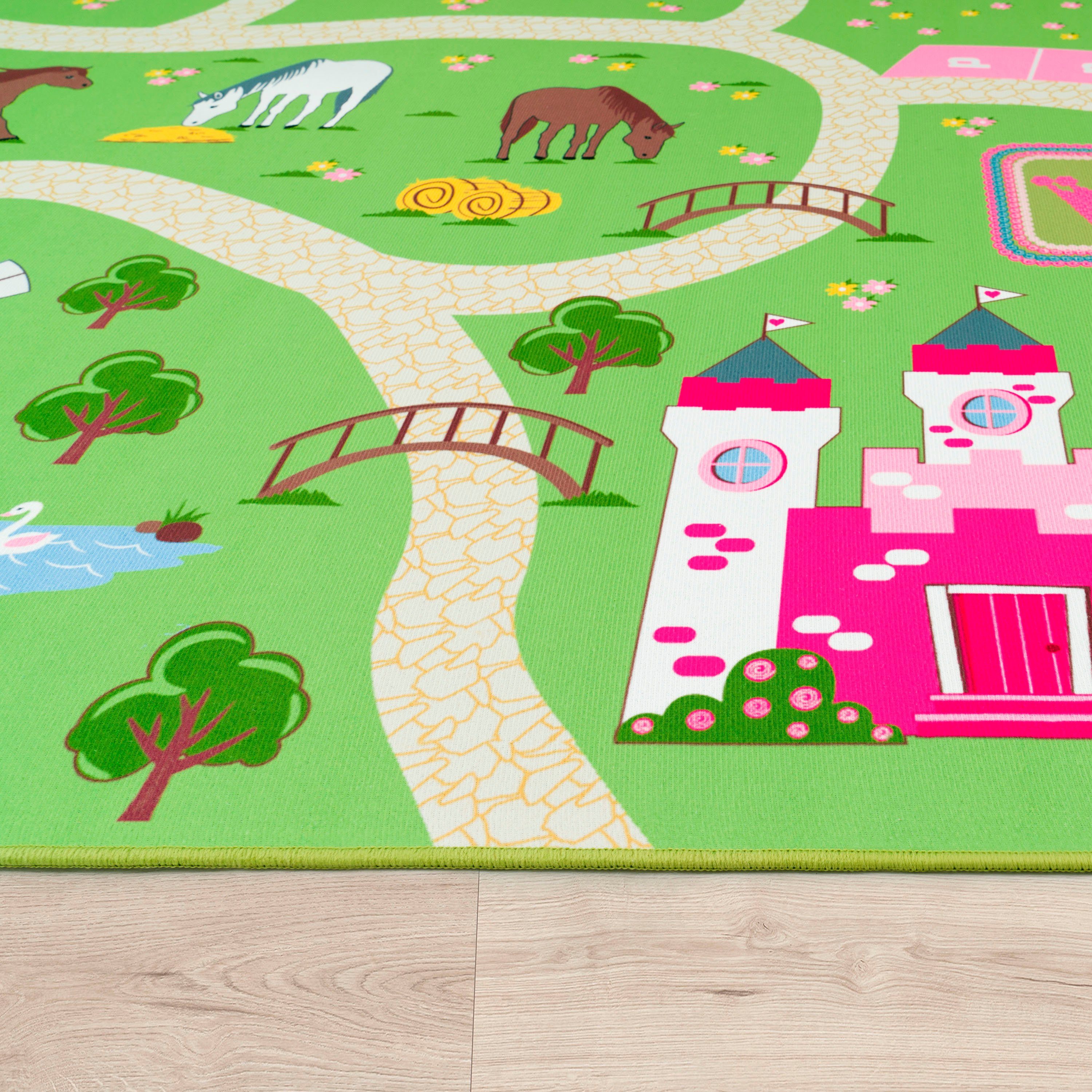 Paco Home Kinderteppich Bino 560, rund, Höhe: 4 mm, Kurzflor, Straßen-Spiel-Teppich, Motiv Bauernhof, Kinderzimmer