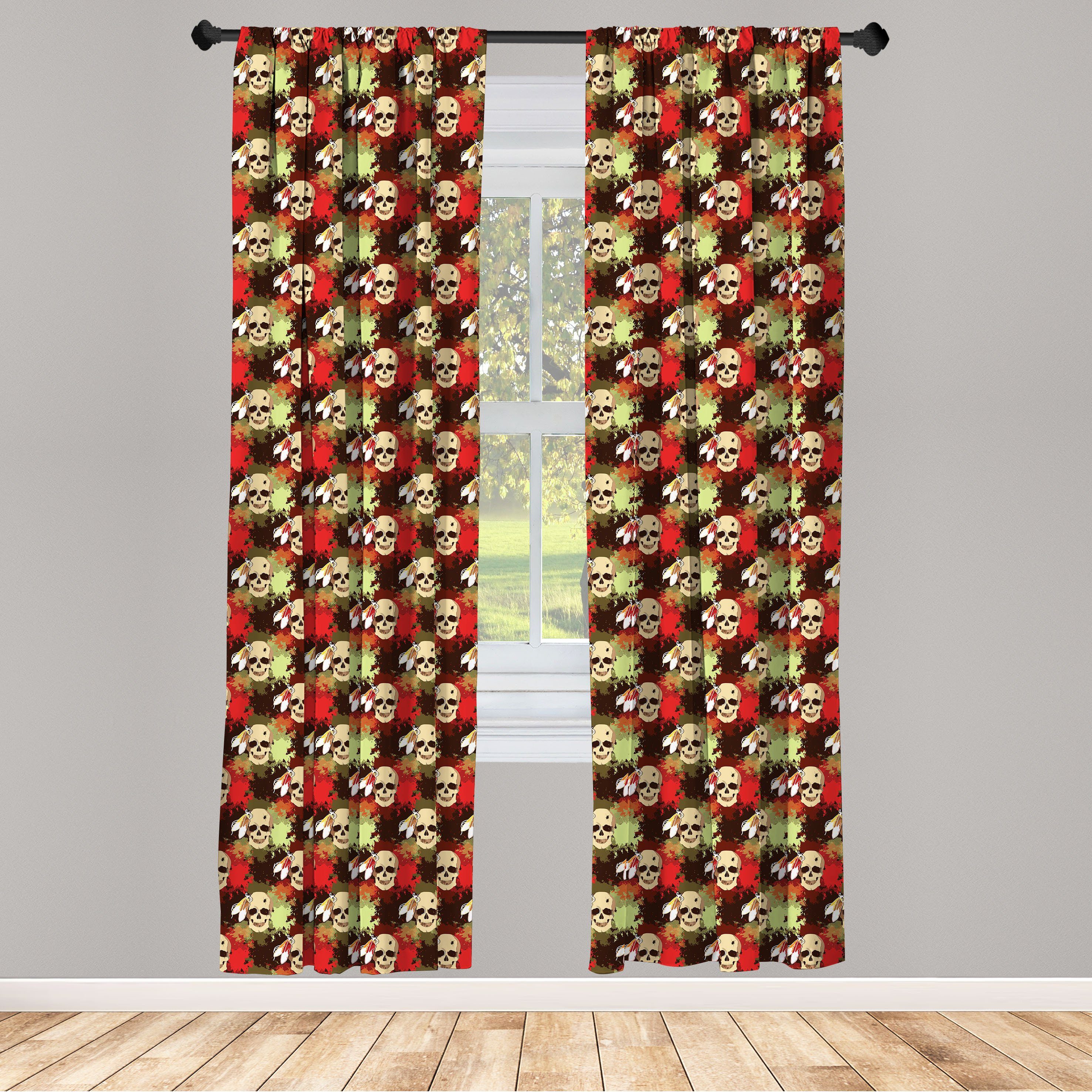 Vorhang Microfaser, für Wohnzimmer Abakuhaus, Bunt Schädel-Feder-Muster Gardine Dekor, Schlafzimmer