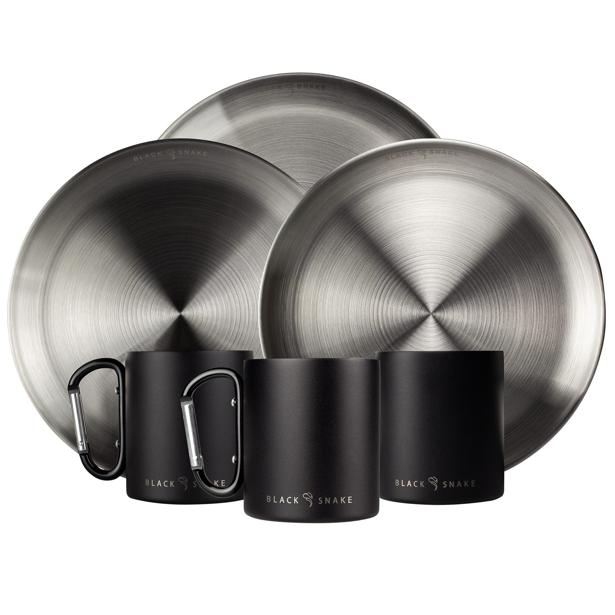 Black Snake Geschirr-Set Camping Set mit Edelstahl Teller & Thermobecher (6-tlg), 3 Personen, Edelstahl, Edelstahl Teller mit Karabiner Thermobecher im Set