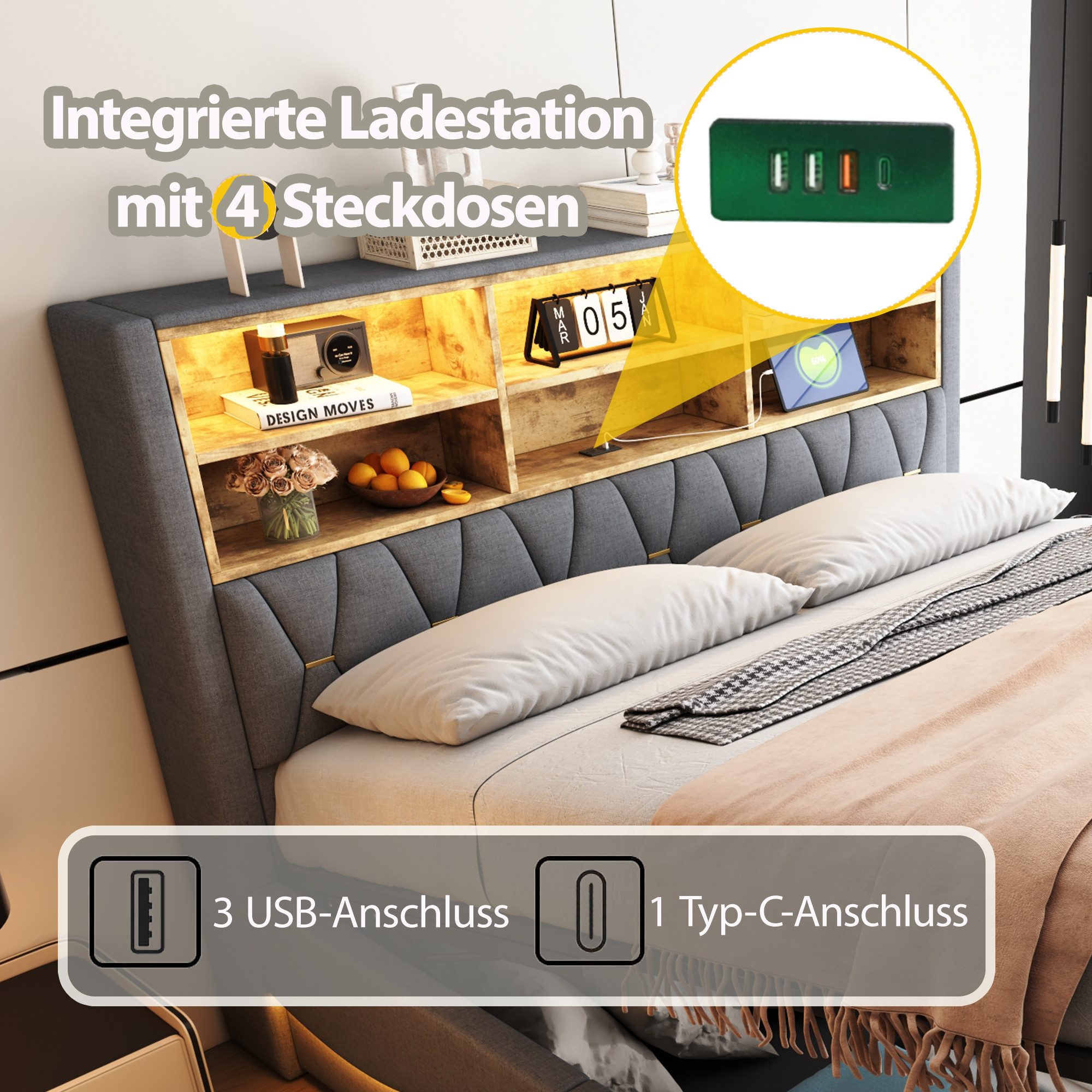 REDOM Polsterbett mit smartem LED-Lichtband per günstig online kaufen