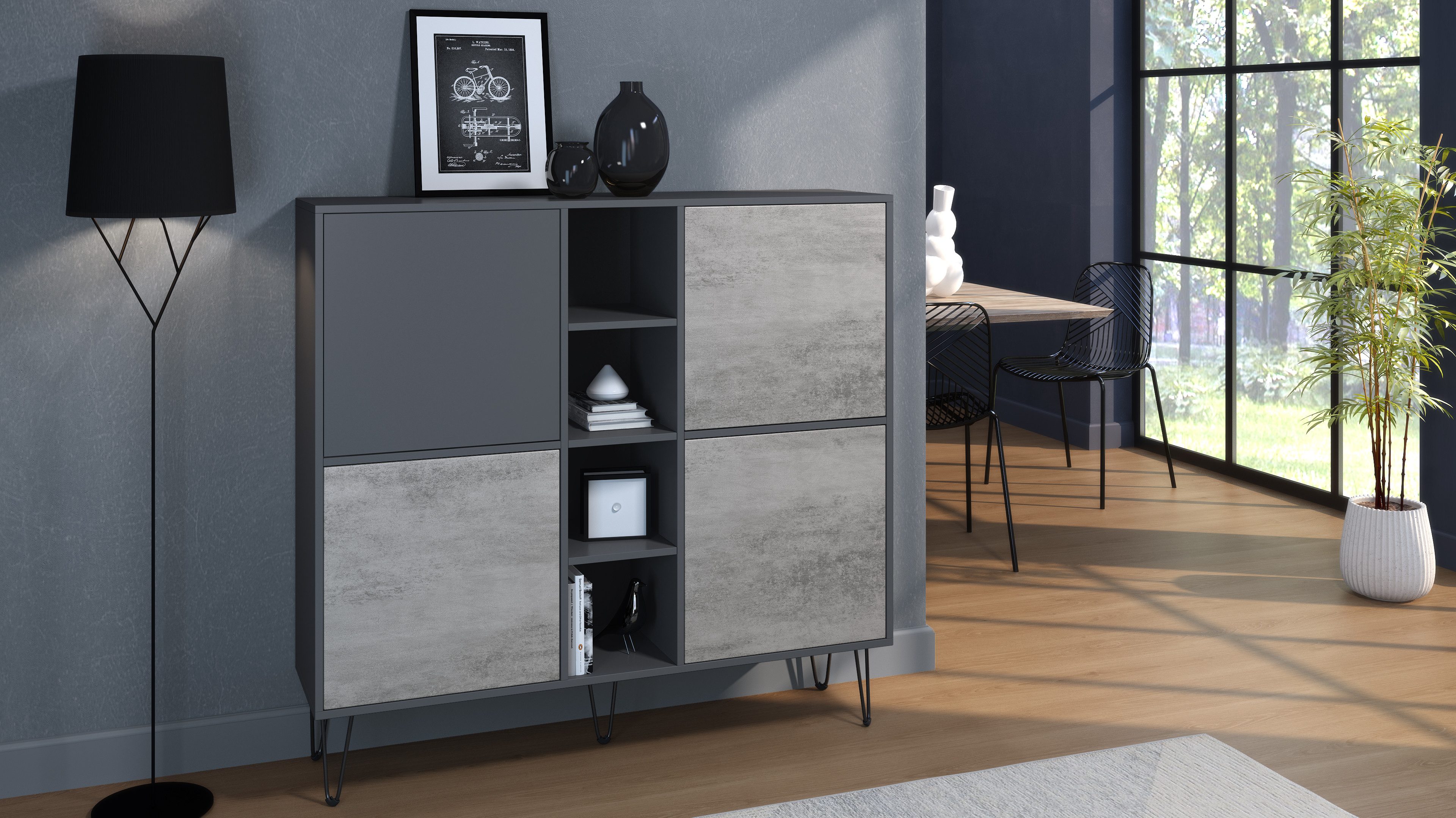 Vladon Highboard Havana V3 (Sideboard mit 4 Türen und 4 offene Fächer, Kommode Made in Germany), Anthrazit matt / Beton Oxid Optik (130,5 x 124 x 35 cm)