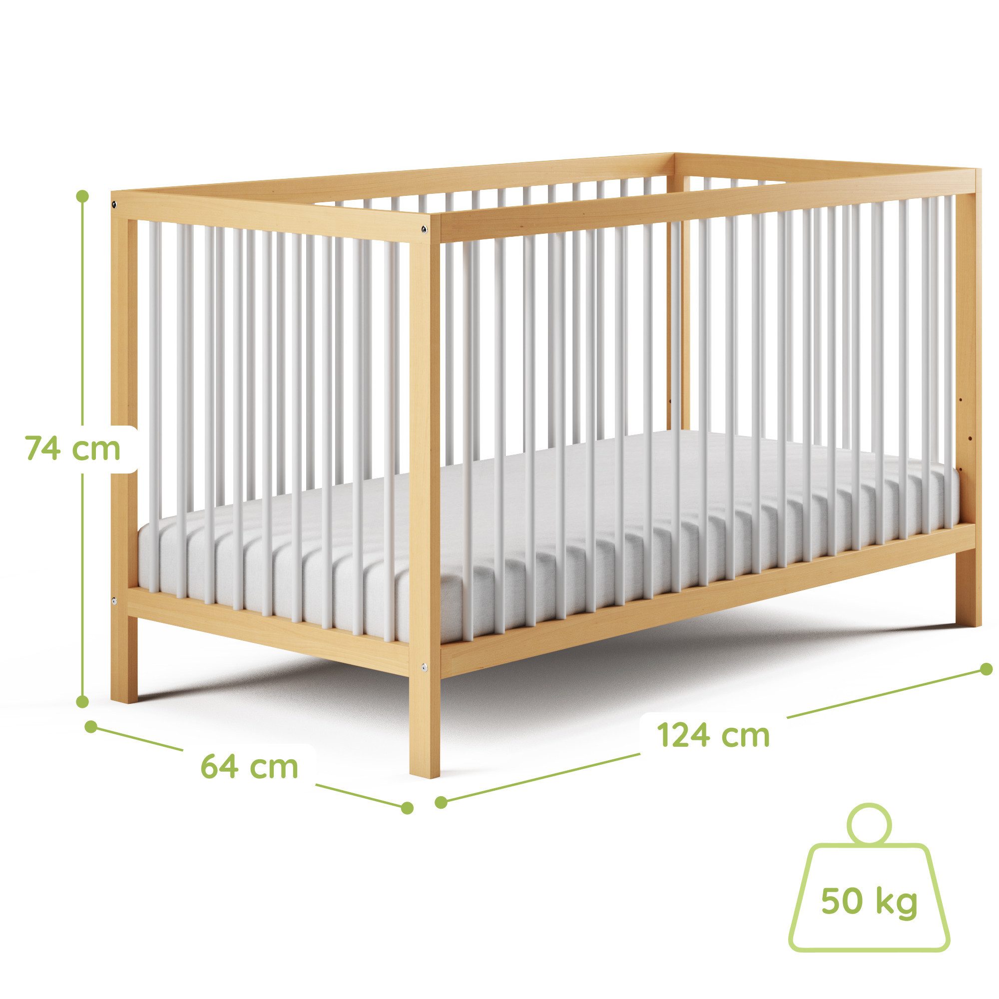 Kids Collective Kinderbett Babybett Gitterbett 60x120 und 70x140 cm herausnehmbare Sprossen (mit Lattenrost und herausnehmbaren Sprossen ab Geburt bis zum 3. LJ), 60x120 cm in natur mix weiß