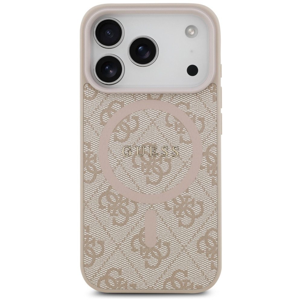 Guess Handyhülle MagSafe iPhone 17 Pro Kunstleder rosa Logo Metall goldfarben 6,3 Zoll, Kantenschutz