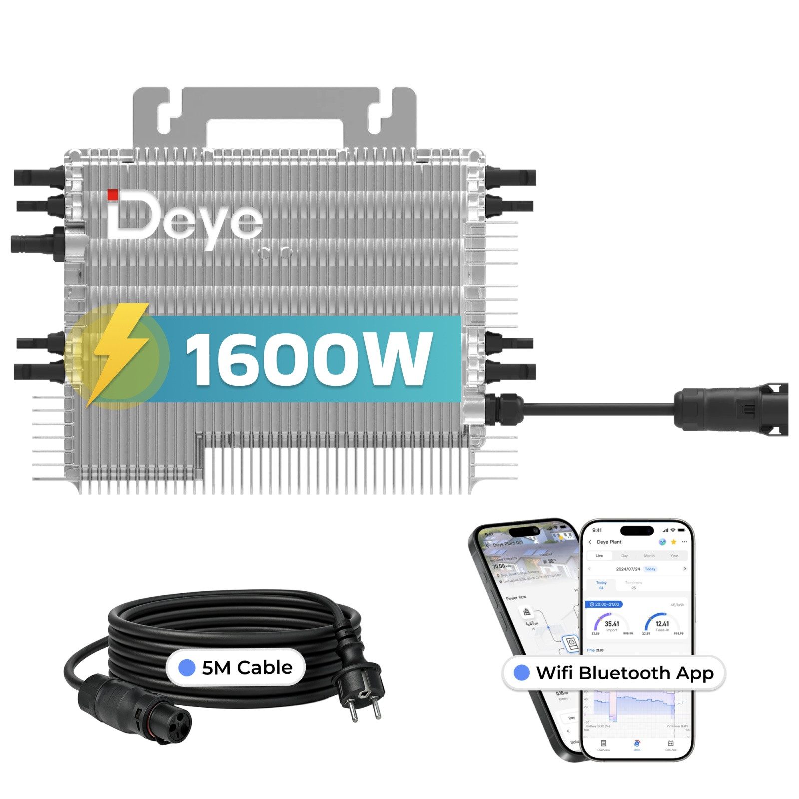 SUNNIVA Wechselrichter DEYE Mikro-Wechselrichter 1600 W SUN-M160G4-EU-Q0, (inkl. 5m Anschlusskabel für Mini-PV Solaranlage Balkonkraftwerk, IP67 wetterfest, 4 M – Bild 2 von 5