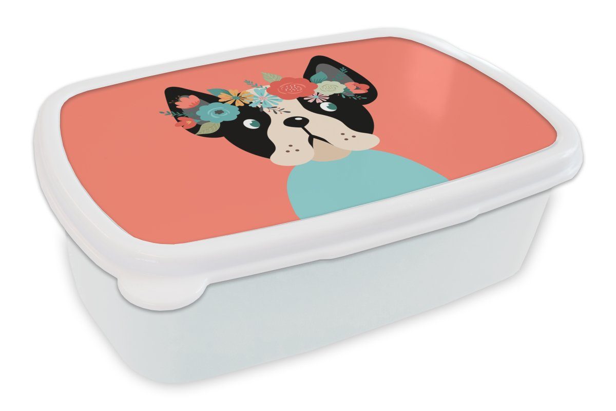 MuchoWow Lunchbox Hund - Blumen - Krone, Kunststoff, (2-tlg), Brotbox für Kinder und Erwachsene, Brotdose, für Jungs und Mädchen weiß