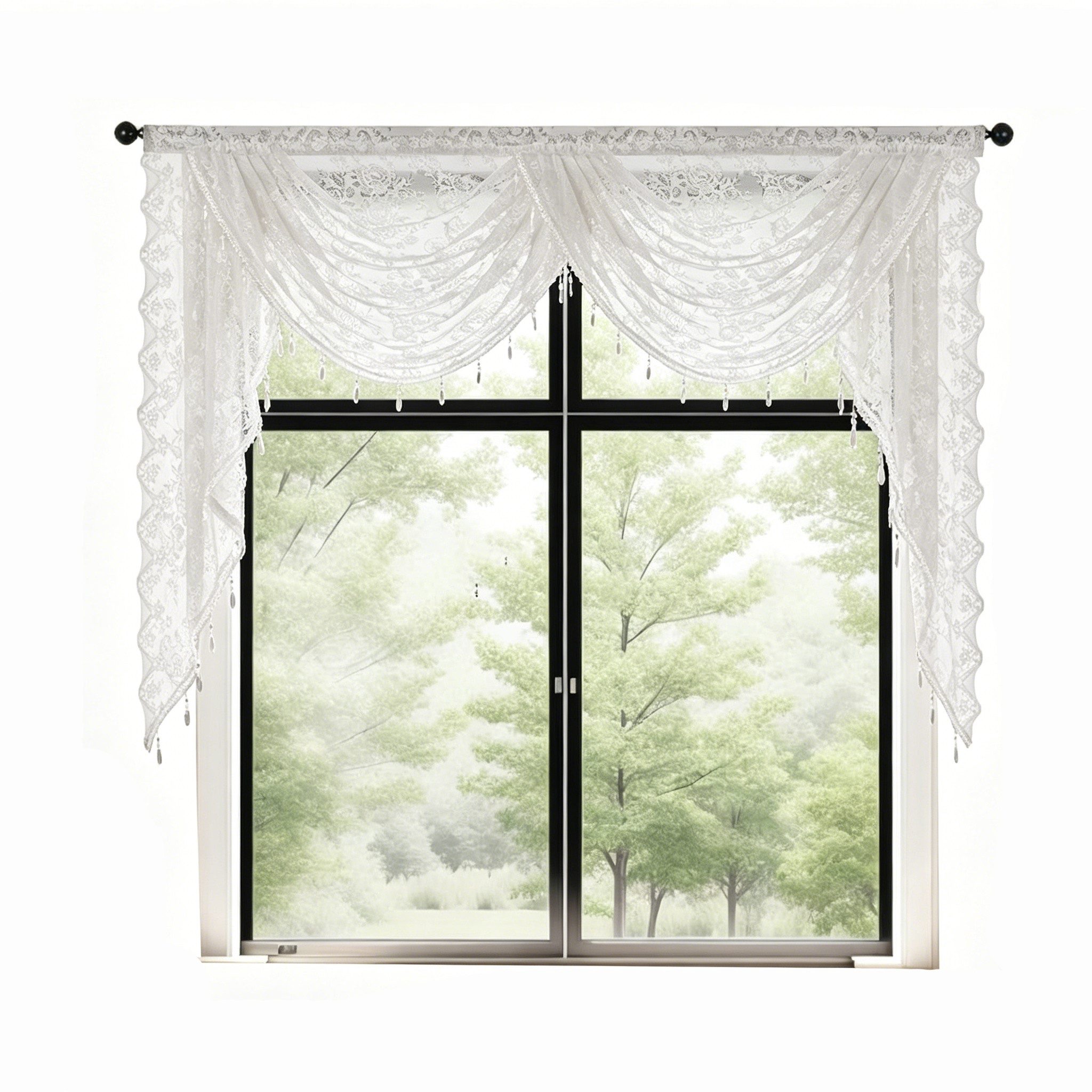 Zyronn Vorhang Halbtransparente Spitzen-Fensterdekoration mit Perlenquasten, Blumenmuster bestickter Voile-Vorhang für Wohnzimmer und Schlafzimmer