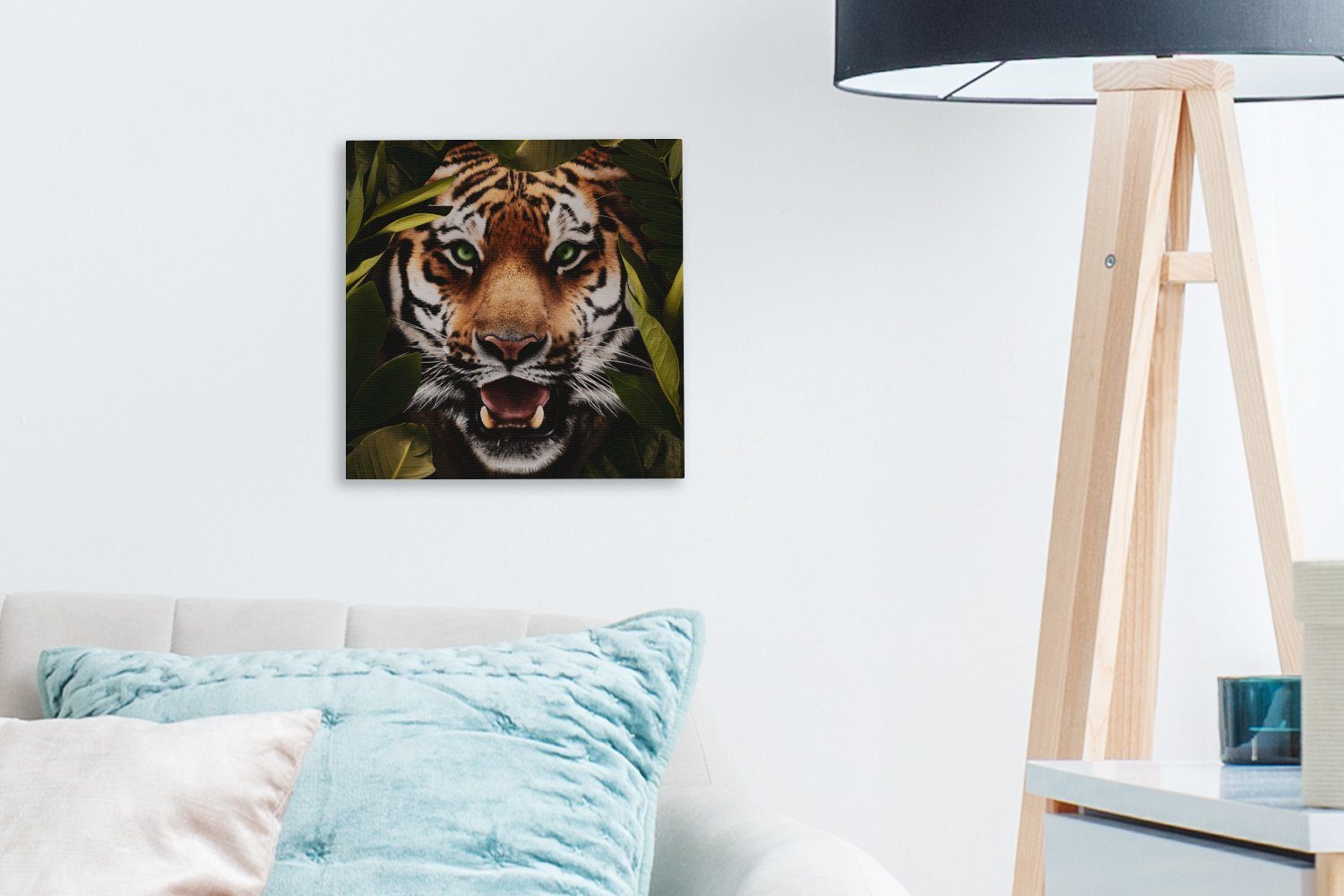 Bilder Tiger - Wohnzimmer OneMillionCanvasses® - für Tiere, Schlafzimmer Leinwandbild Blätter St), Leinwand (1