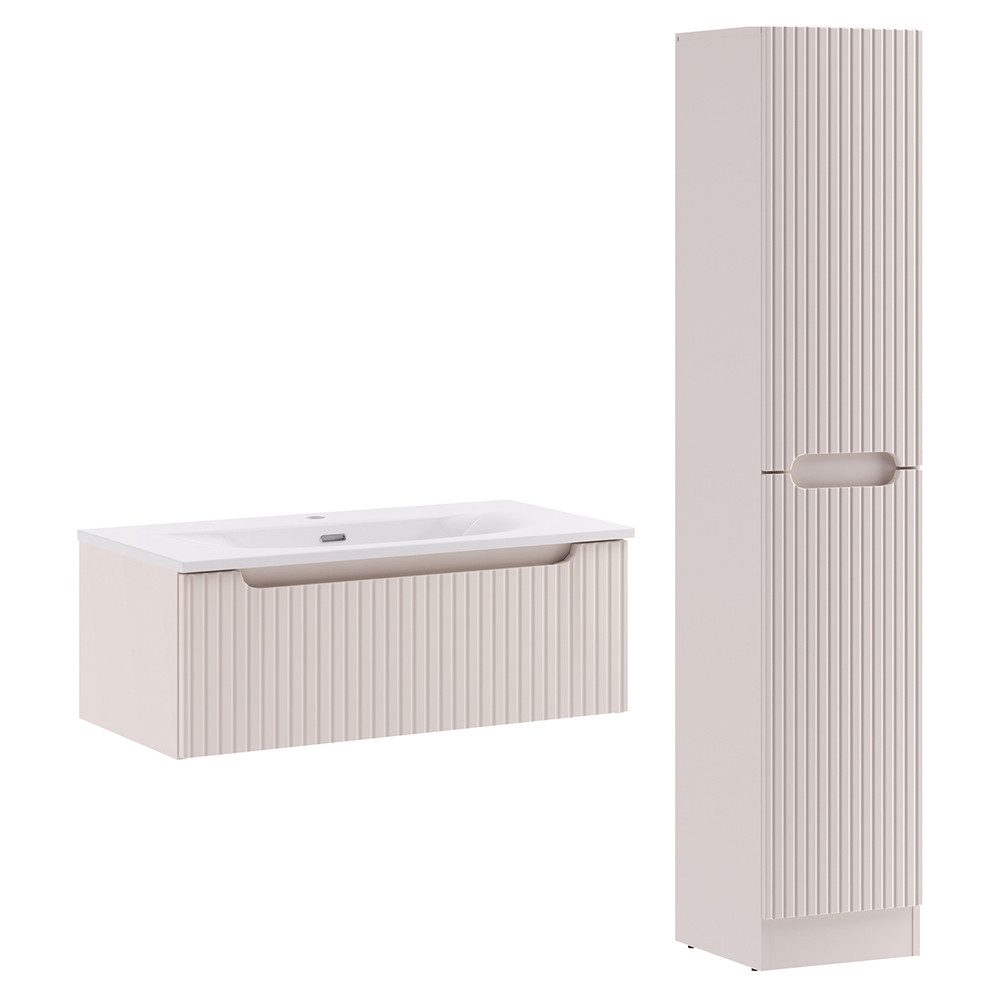 Lomadox Badmöbel-Set NEWPORT-56-CASHMERE, (Spar-Set, 2-St., Waschtisch Hochschrank), in kaschmir, gerillte Front, geringe Tiefe, inkl. Wäschekorb