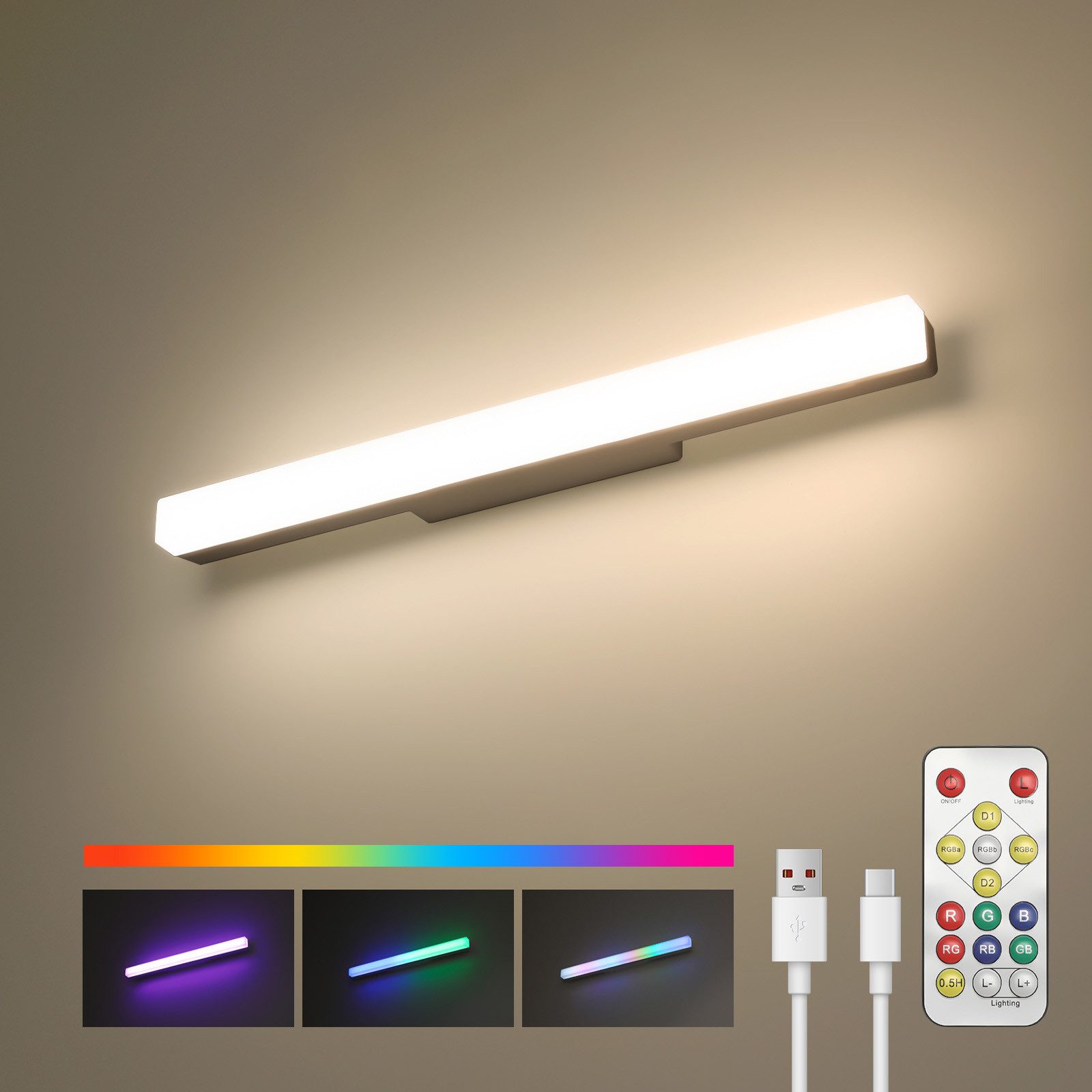 oyajia LED Spiegelleuchte 40cm Spiegelleuchte, 4000mAh Akku Magnetische Wandlamp Spiegellamp, LED fest integriert, Warmweiß, Naturweiß, Kaltweiß, LED Wandleuchte Schminklicht, USB-Aufladung Schrankleuchten