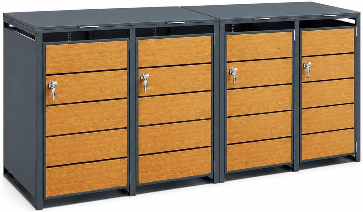 SoBuy Mülltonnenbox OGS63, Müllbox Mülltonnenverkleidung, 240L-Mülltonne, verzinktem Stahl (1er Set), mit Metallschloss, Soft-Close, für Mülltonnen & Gartengeräte