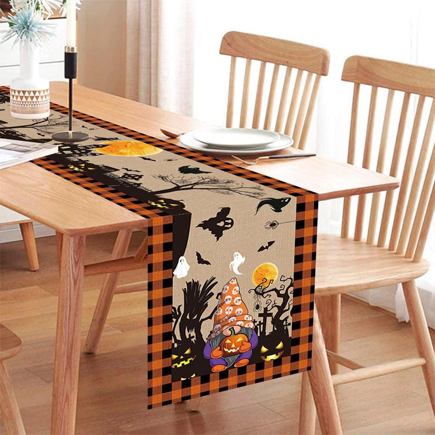 LuxusKollektion Tischläufer Halloween Tischläufer 35x180cm Kariert Orange Schwarz (1-tlg)