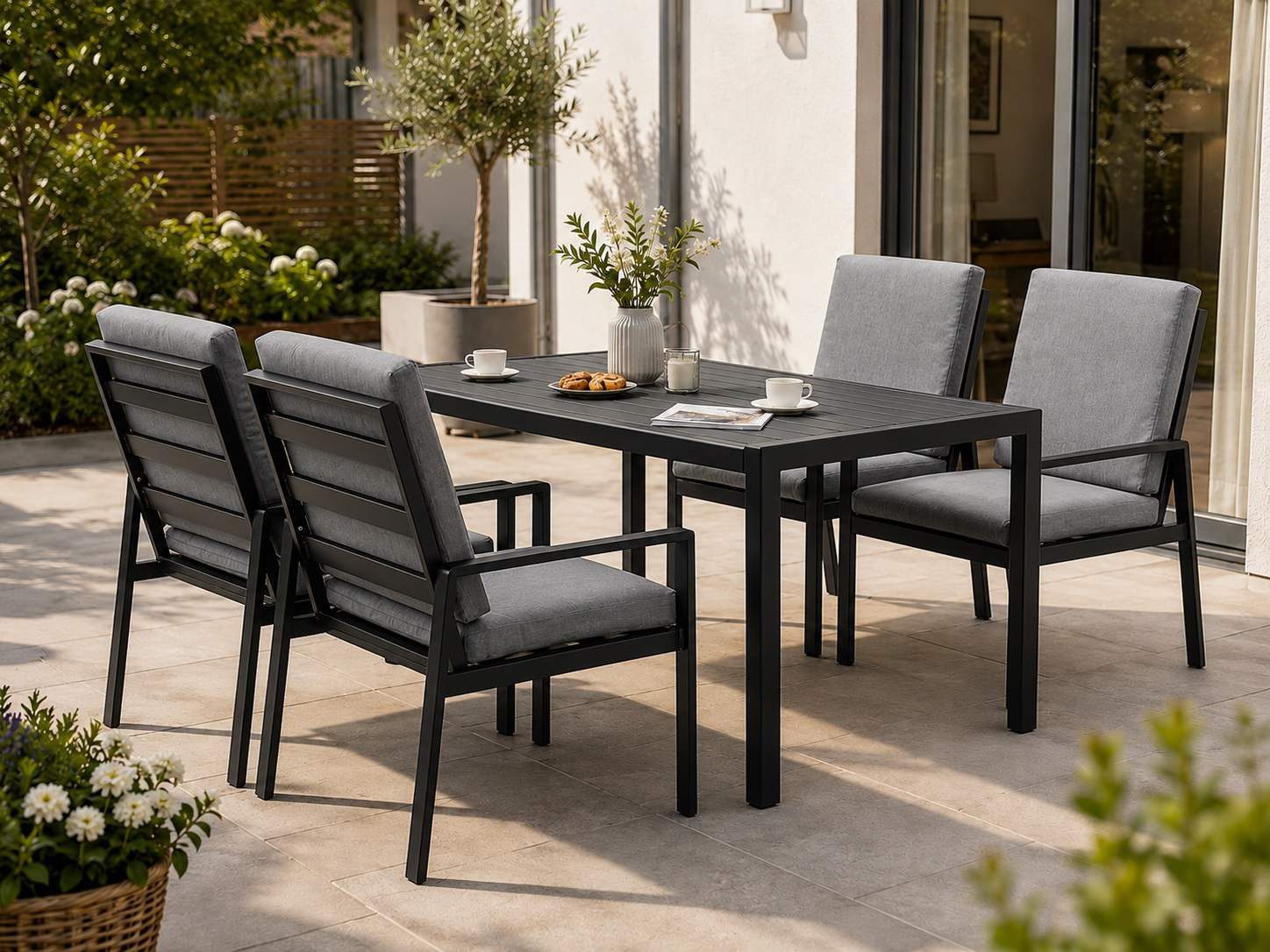 MeXo Gartenlounge-Set Gartenmöbel Set aus Aluminium mit Esstisch, (wetterfest, hoher Sitzkomfort, 5-tlg., bis 140 kg belastbar), mit pflegeleichte Polywood-Tischplatte, geeignet für 4 Personen