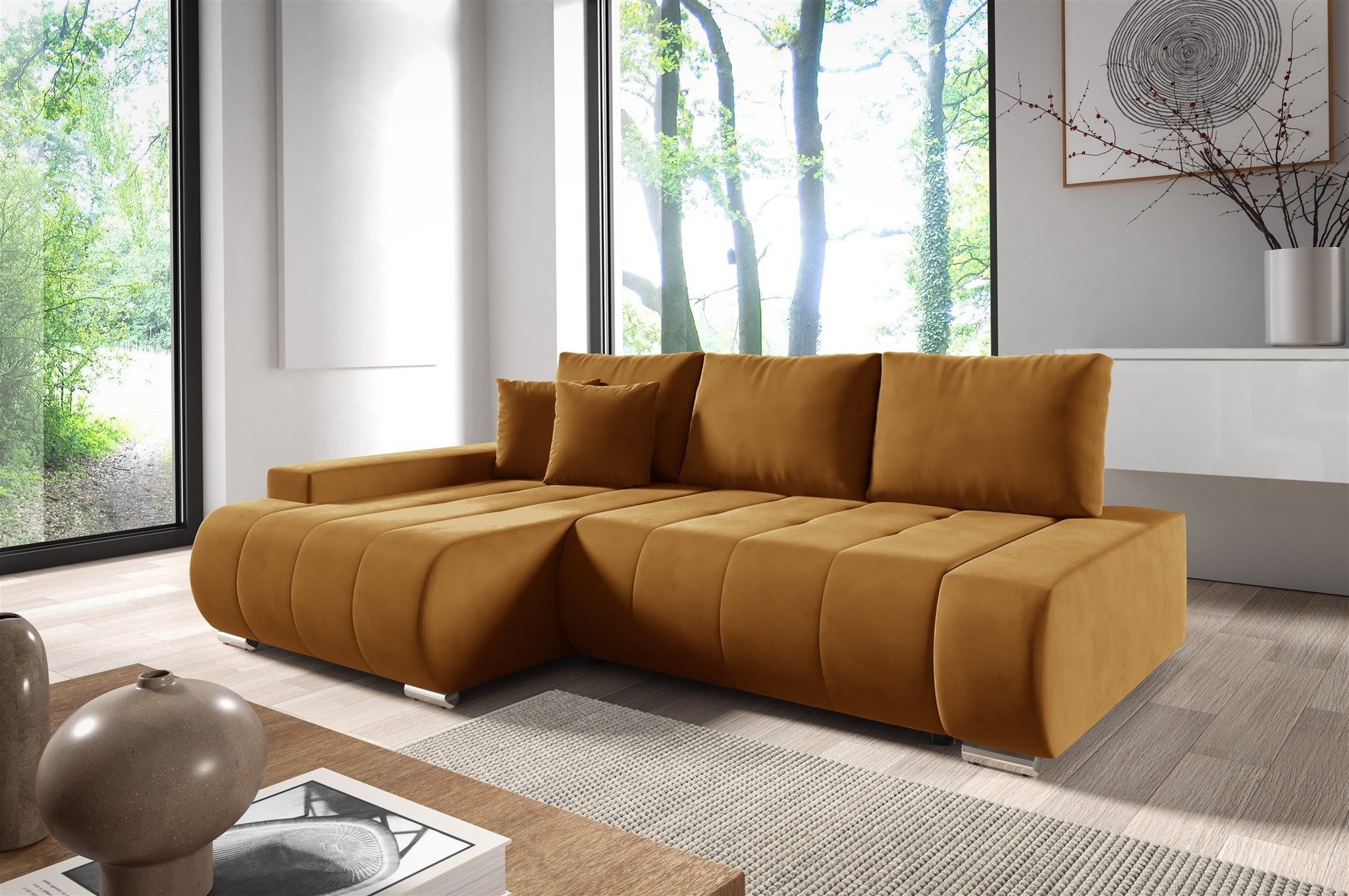Fun Möbel Ecksofa Schlafsofa Sofa FUN DARIO in Velourstoff Monolith, Ottomane Links oder Rechts, Rundumbezug