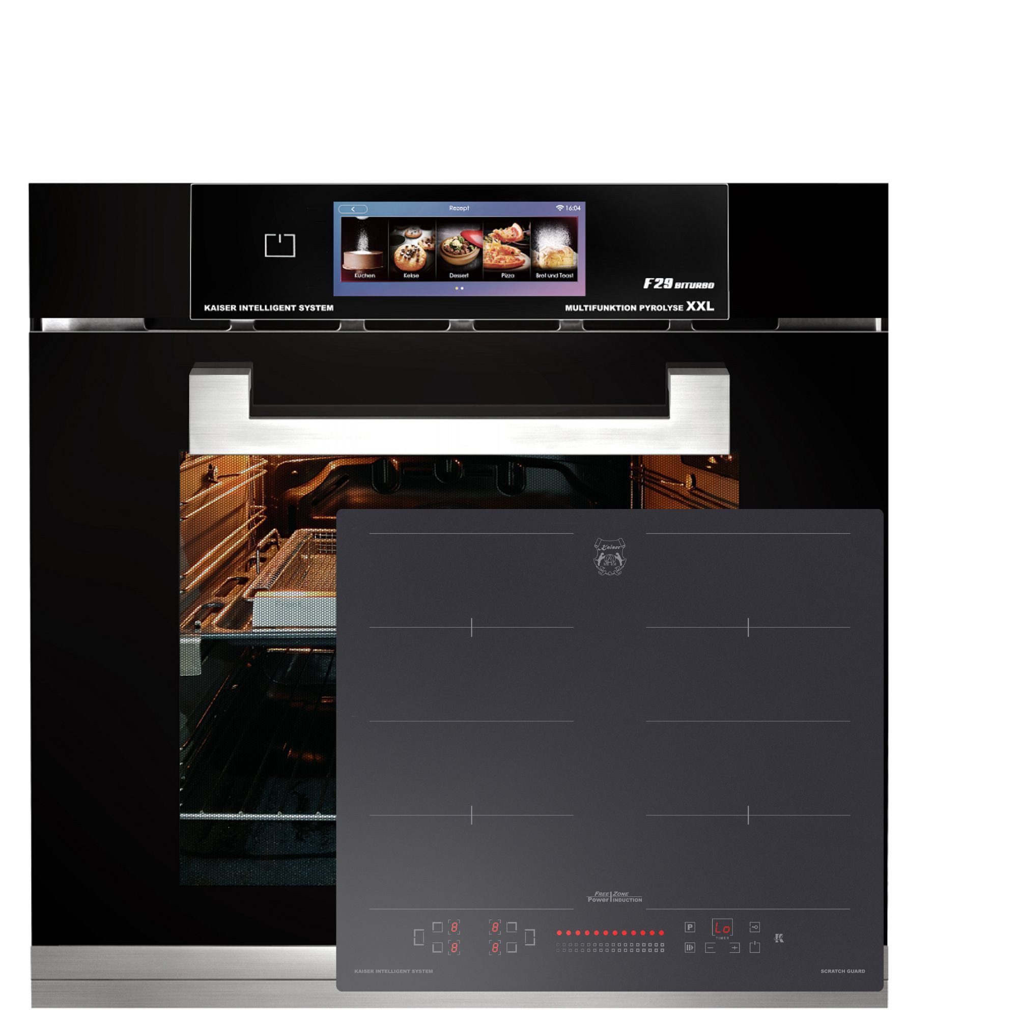 Kaiser Küchengeräte Backofen-Set Herd Set Autark Multifunktions-Elektro-Backofen mit Pyrolyse und Dampfreinigung, TFT Display, 60cm, 86L,Air Fry+Induktions Kochfeld Autark Herd Power Booster 60 cm Anti Scratch/ matt EH 6344 N+KCT 6110 FI., mit 1-fach-Teleskopauszug